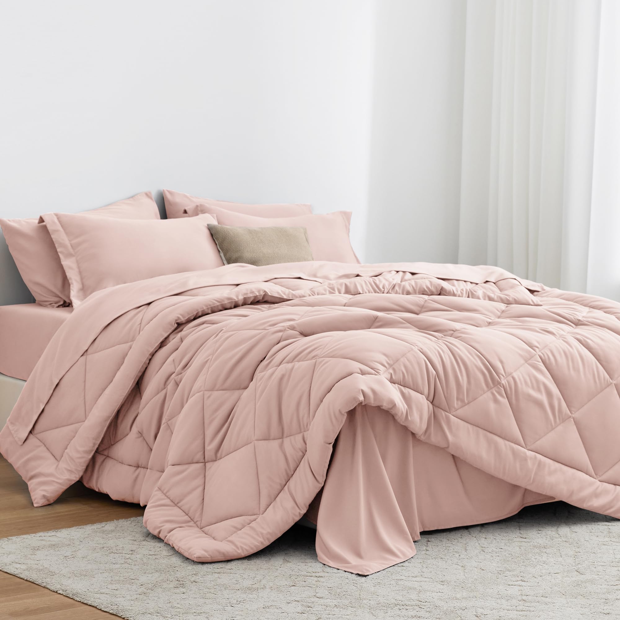 Love 'S Cabin Queen Comforter Set Pink, 7 Pieces Queen Bed In A Bag, All Season Queen Bedding Sets With 1 Comforter, 1 Flat Shee