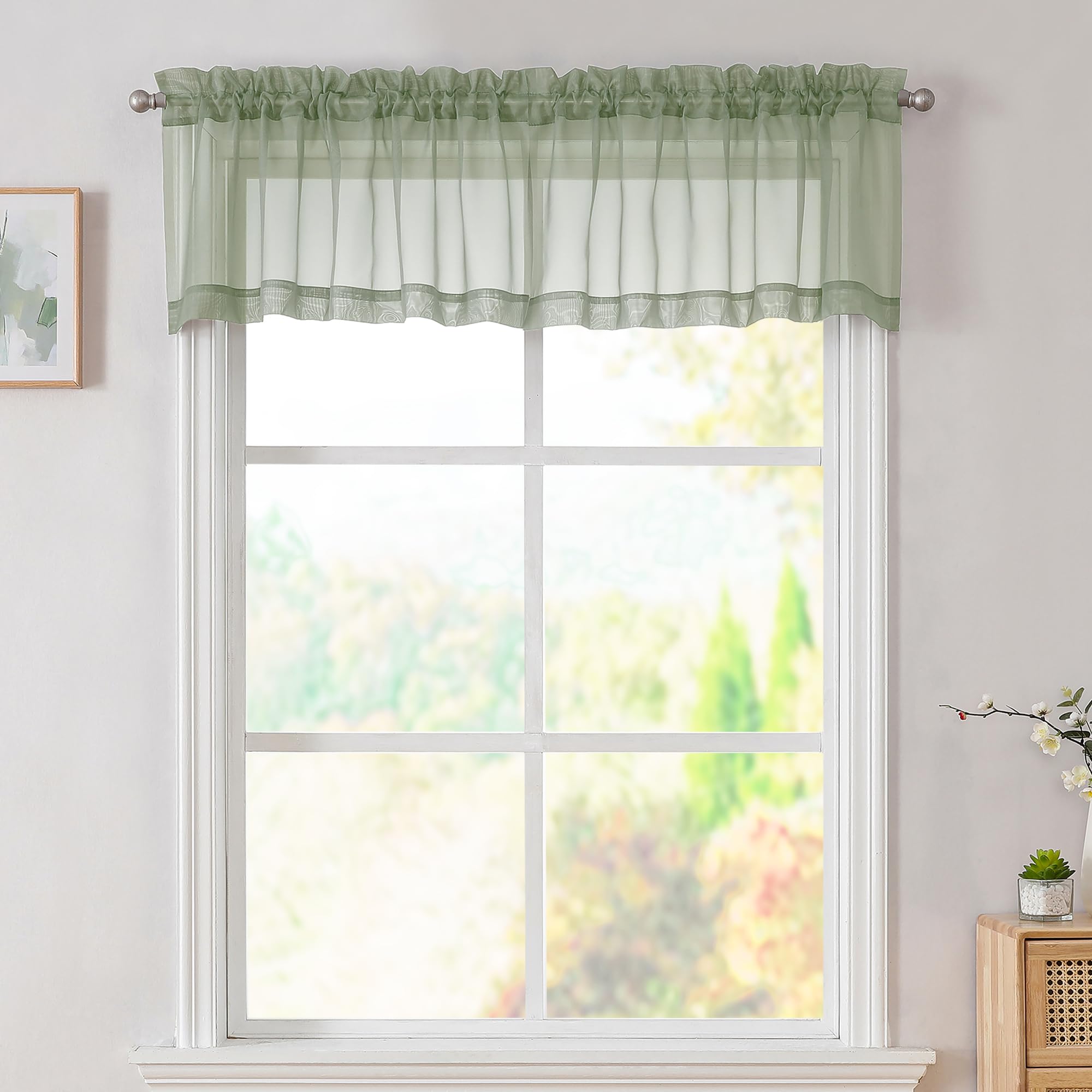 Simplebrand Sage Green Valances 14 Inches Long For Living Room Pocket 2 Panel Light Filtering Sheer Translucent Valence Toppers