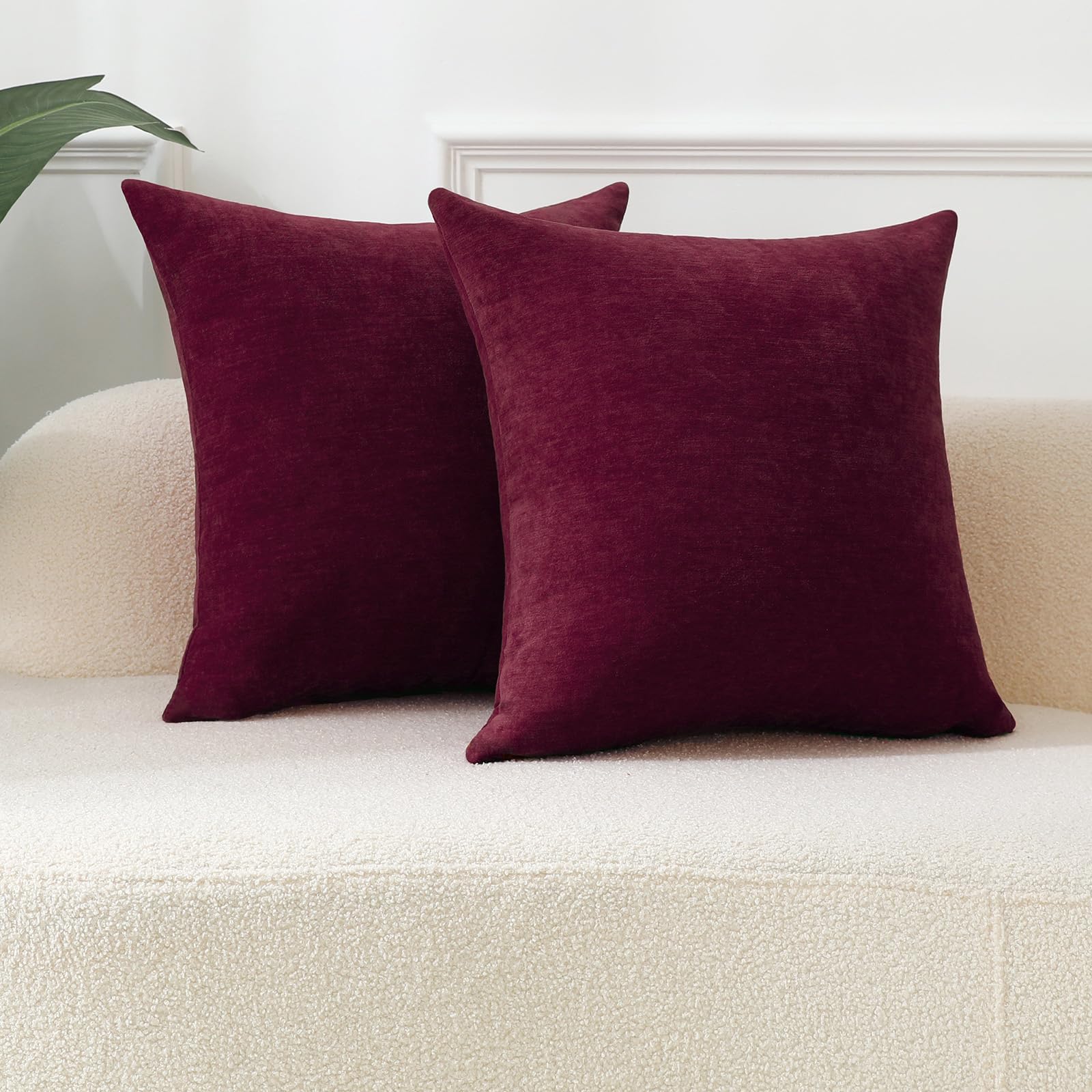 Qanatmz Burgundy Cozy Soft Throw Pillow Covers, Decorative Chenille Square Couch Cushion Cases For Sofa Living Room Decor, Set O