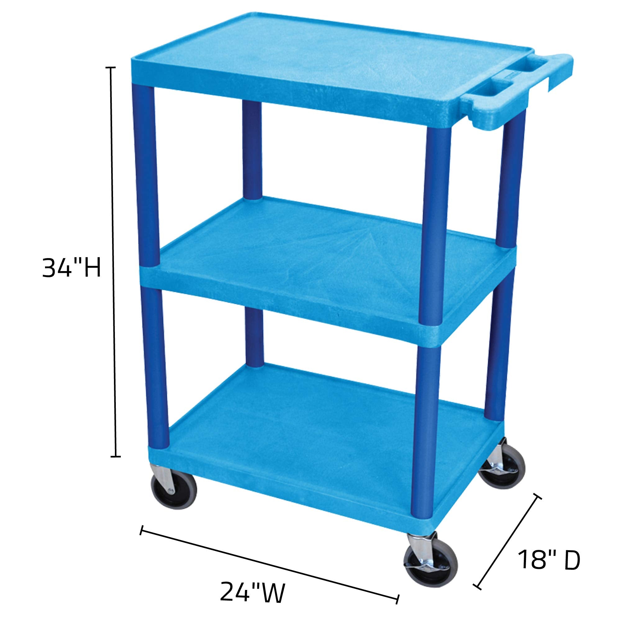 LUXOR HE34-BU Utility Cart - 3 Shelves Structural Foam Plastic, Four 4&quot; Casters, Two with Locking Brake, Ergonomic Push Handle, 24&quot;W x 18&quot;D x 34&quot;H, Offices, Classrooms