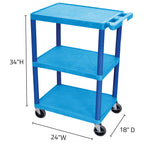 LUXOR HE34-BU Utility Cart - 3 Shelves Structural Foam Plastic, Four 4" Casters, Two with Locking Brake, Ergonomic Push Handle, 24"W x 18"D x 34"H, Offices, Classrooms