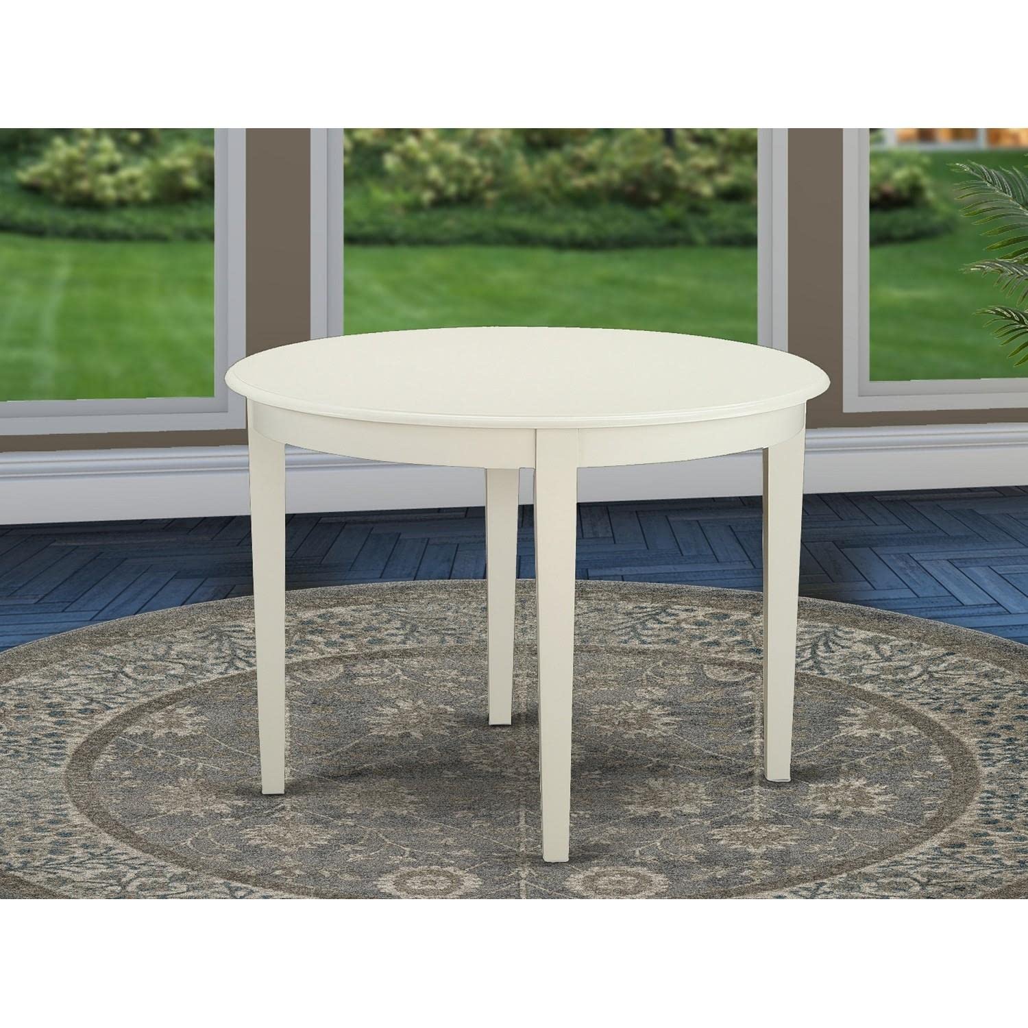 East West Furniture Bove5-Whi-15 5 Piece Modern Dining Table Set Includes A Round Kitchen Table And 4 Baby Blue Linen Fabric Upholstered Parson Chairs, 42X42 Inch, Linen White