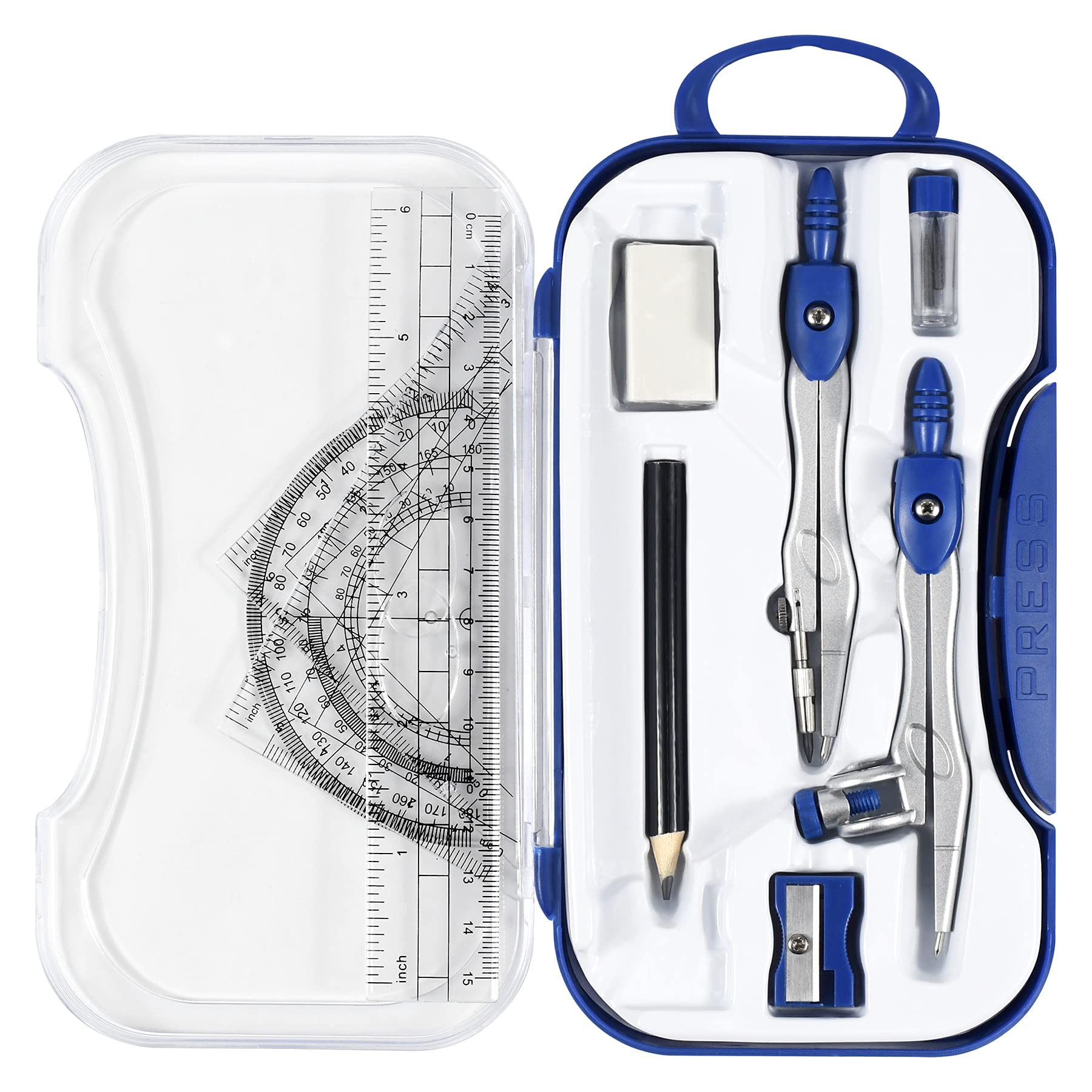 Vobou 10 Pieces Math Geometry Kit Set Student Supplies With Shatterproof Storage Box,Includes Rulers,Protractor,Compass,Eraser,P