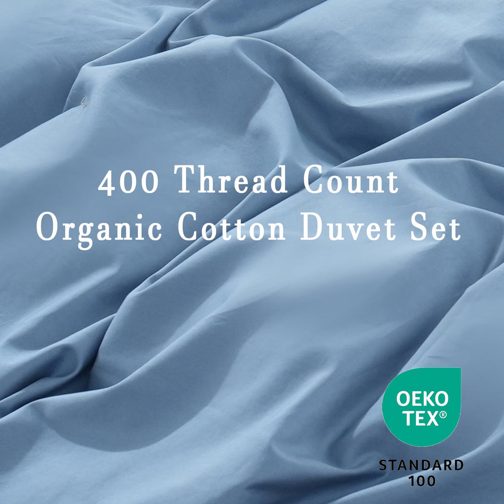 Overket Organic Cotton Duvet Cover Set - 400 Thread Count, King Size, Dusty Blue, Soft & Breathable 3 Piece Bedding Set