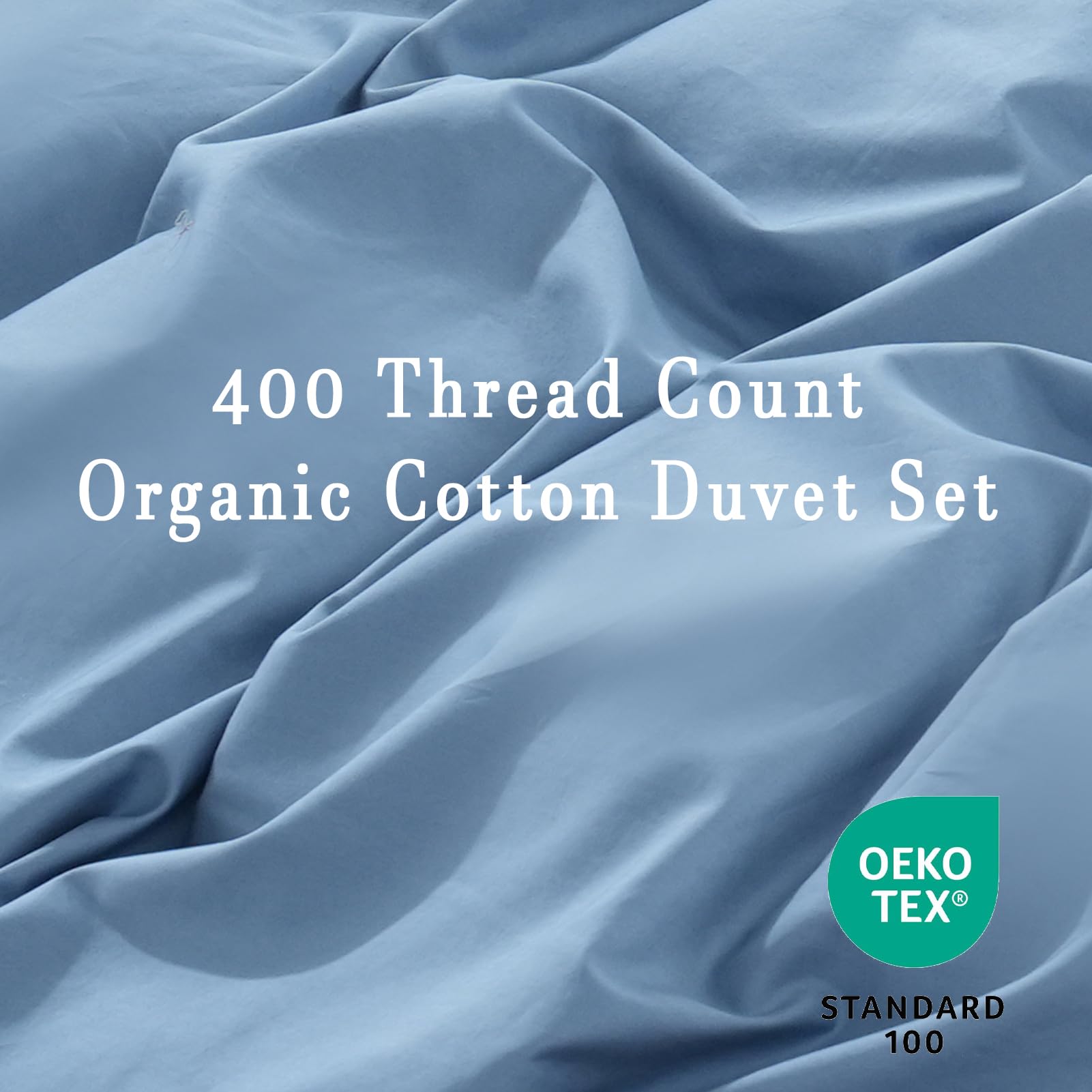 Overket Organic Cotton Duvet Cover Set - 400 Thread Count, King Size, Dusty Blue, Soft & Breathable 3 Piece Bedding Set