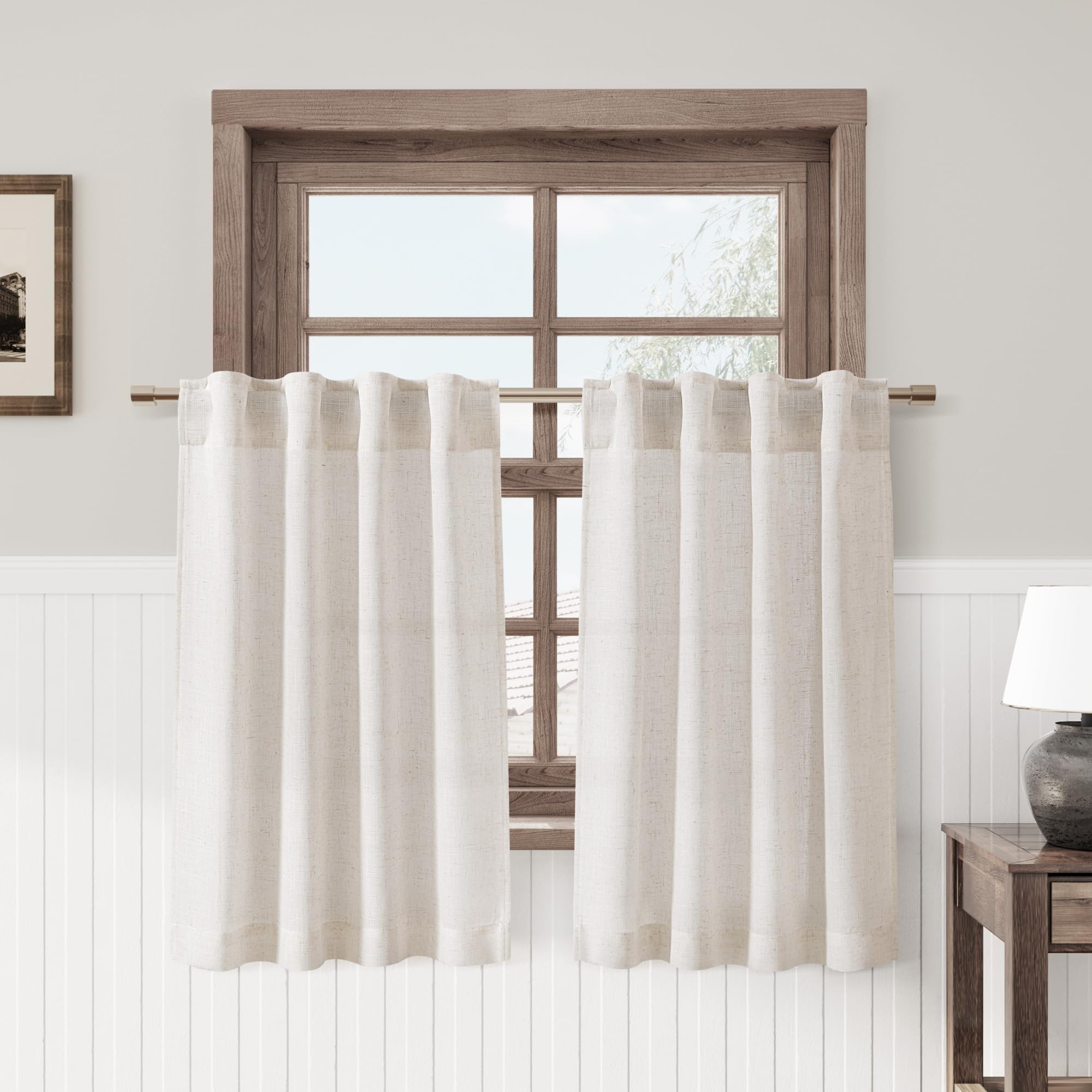 Beige Linen Cafe Curtains 30 Inch Length Light Filtering Semi Sheer Mini Curtains for Small Window Basement Bathroom Natural Bac