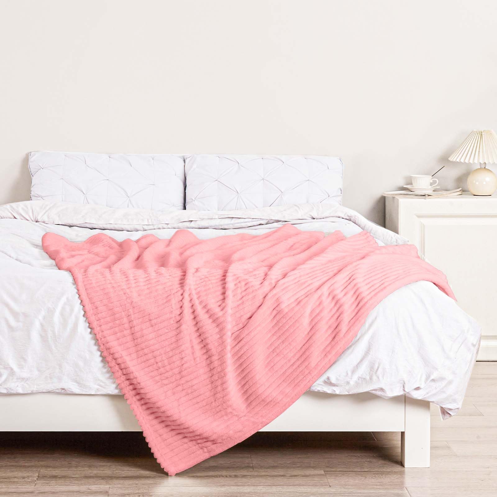 Bnuitland Light Pink Flannel Throw With Storage Pouch,300Gsm Super Soft Fleece Stripe Pattern Sofa Blanket For Adults And Kids,