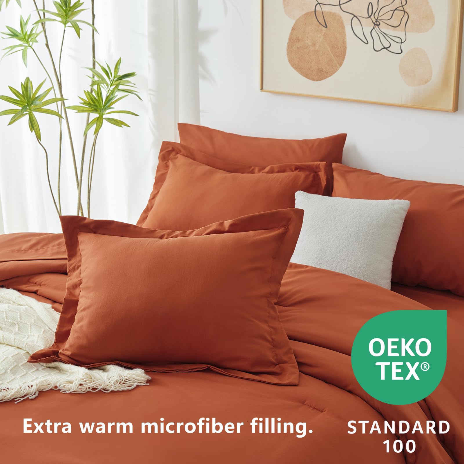 Cozylux Queen Comforter Set Burnt Orange, 7 Pieces Bed In A Bag Terracotta Comforter Set With Sheets, All Season Boho 7Pc Bed Set With Comforter, Fitted Sheet, Flat Sheet, Pillow Shams And Pillowcases