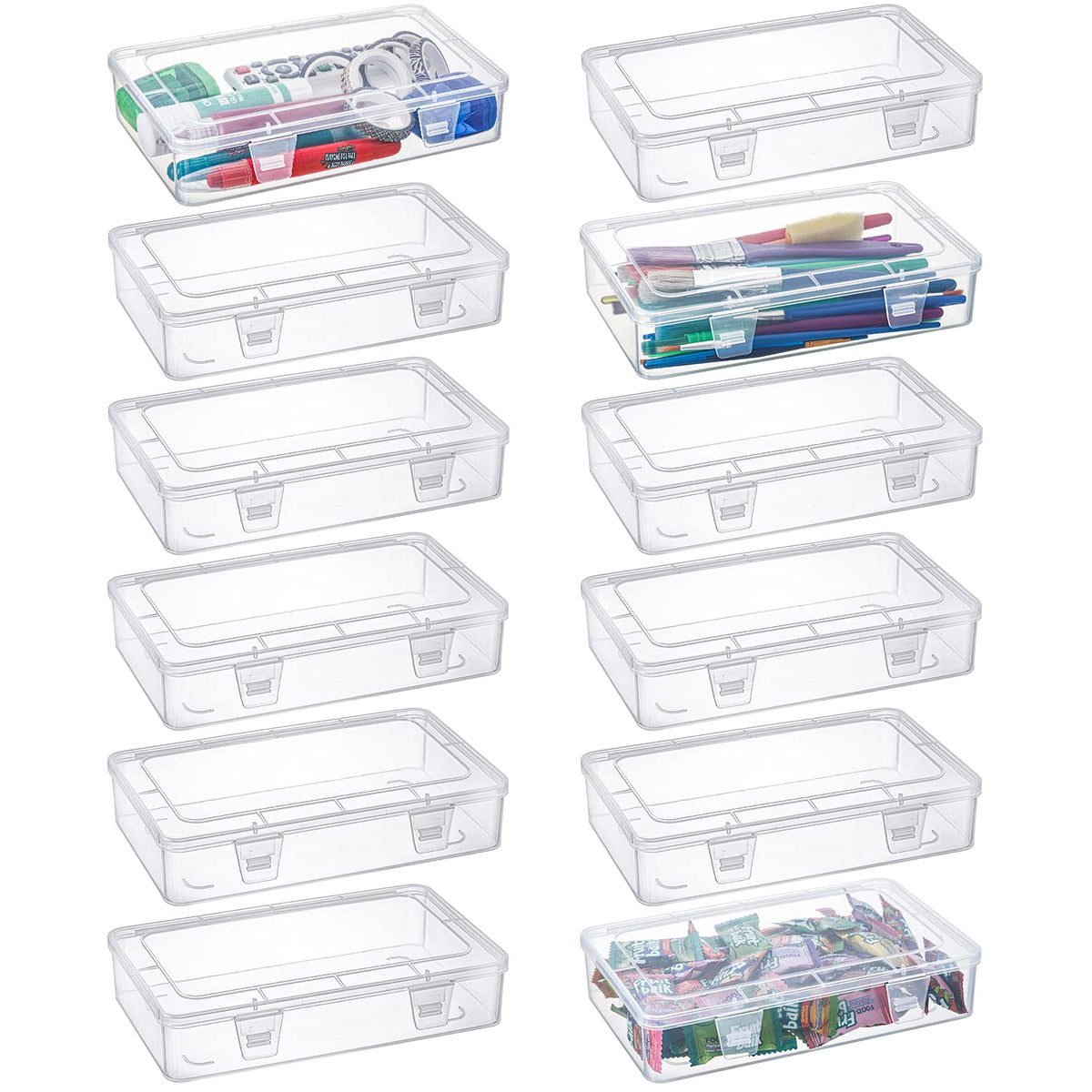 Kingrol 12 Pack Clear Plastic Storage Containers with Lids, 8 x 5 x 1.75 Inch Empty Hinged Boxes, Stackable Organizer Boxes for 