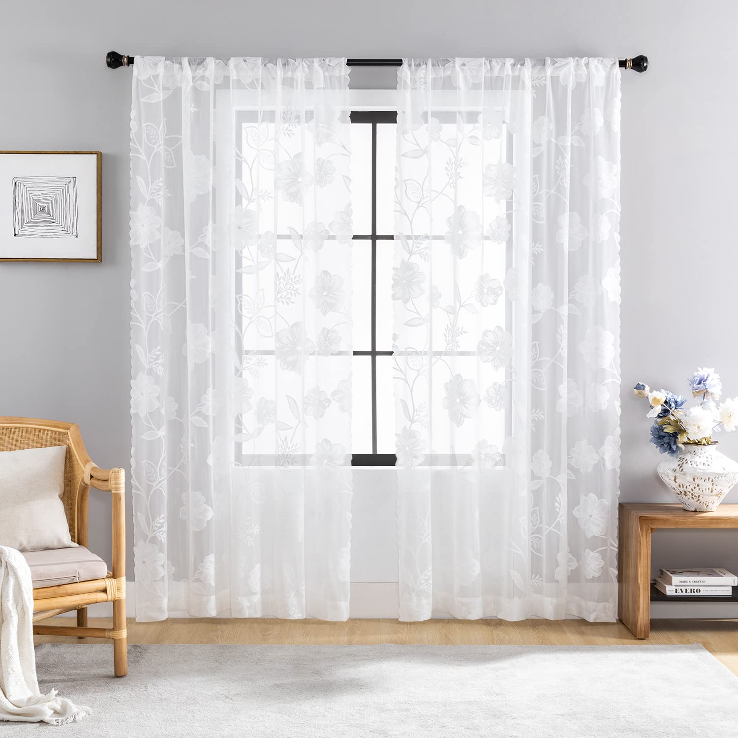 White Lace Sheer Curtains 63Inch Rose Knitted Floral Vintage Lace Embroidered Curtains For Living Room Bedroom Window Privacy Co