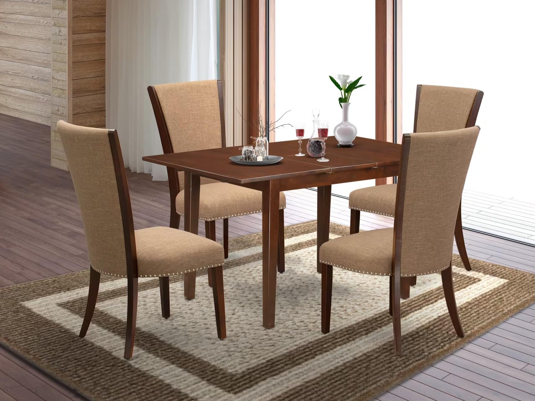East West Furniture Nfve5-Mah-47 5 Piece Dining Table Set For 4 Includes A Rectangle Kitchen Table With Butterfly Leaf And 4 Light Sable Linen Fabric Parsons Chairs, 32X54 Inch, Mahogany