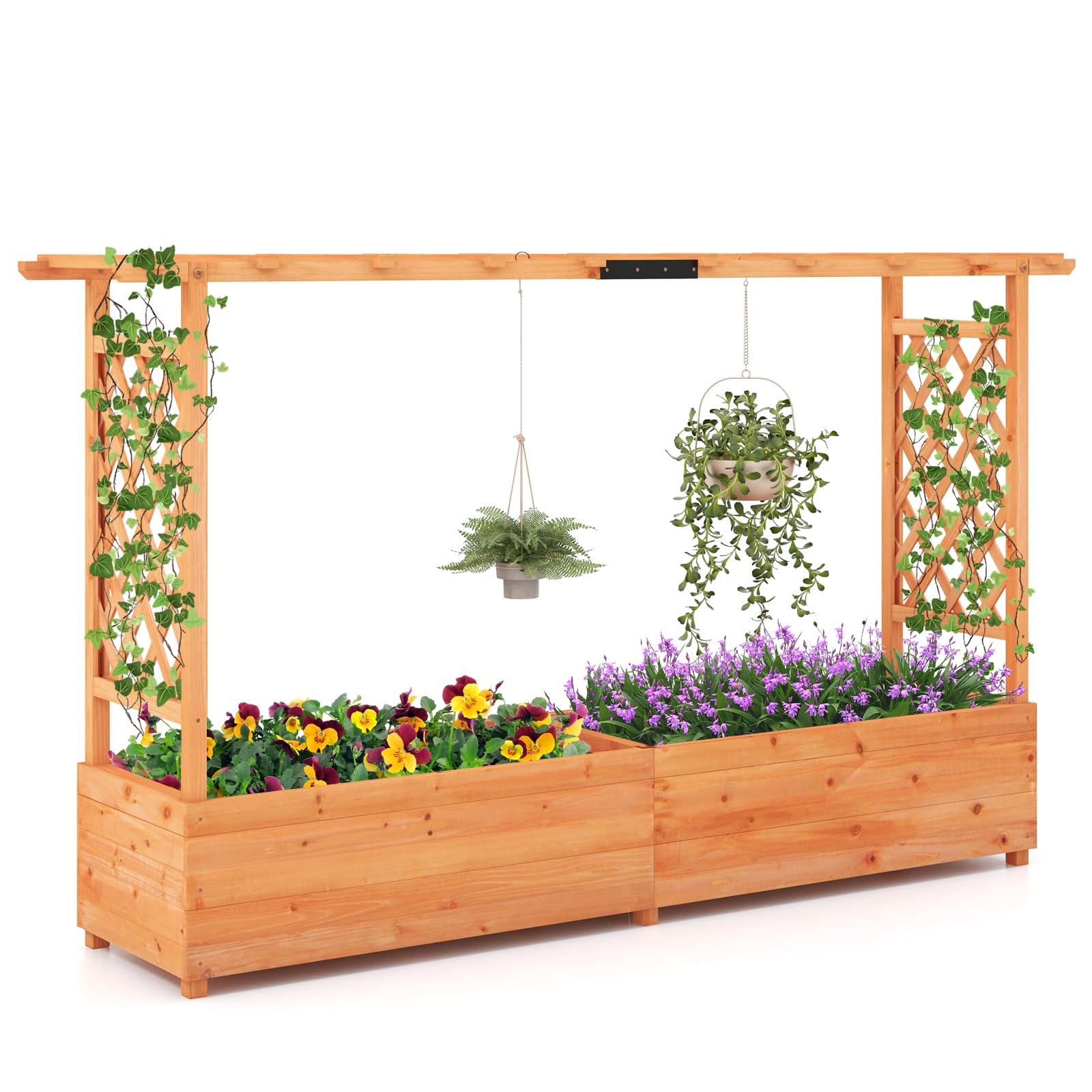 Happygrill Raised Garden Bed, Wood Planter Box With Hanging Roof, Drainage Holes For Vine Climbing Plants, Vegetables, Flowers,