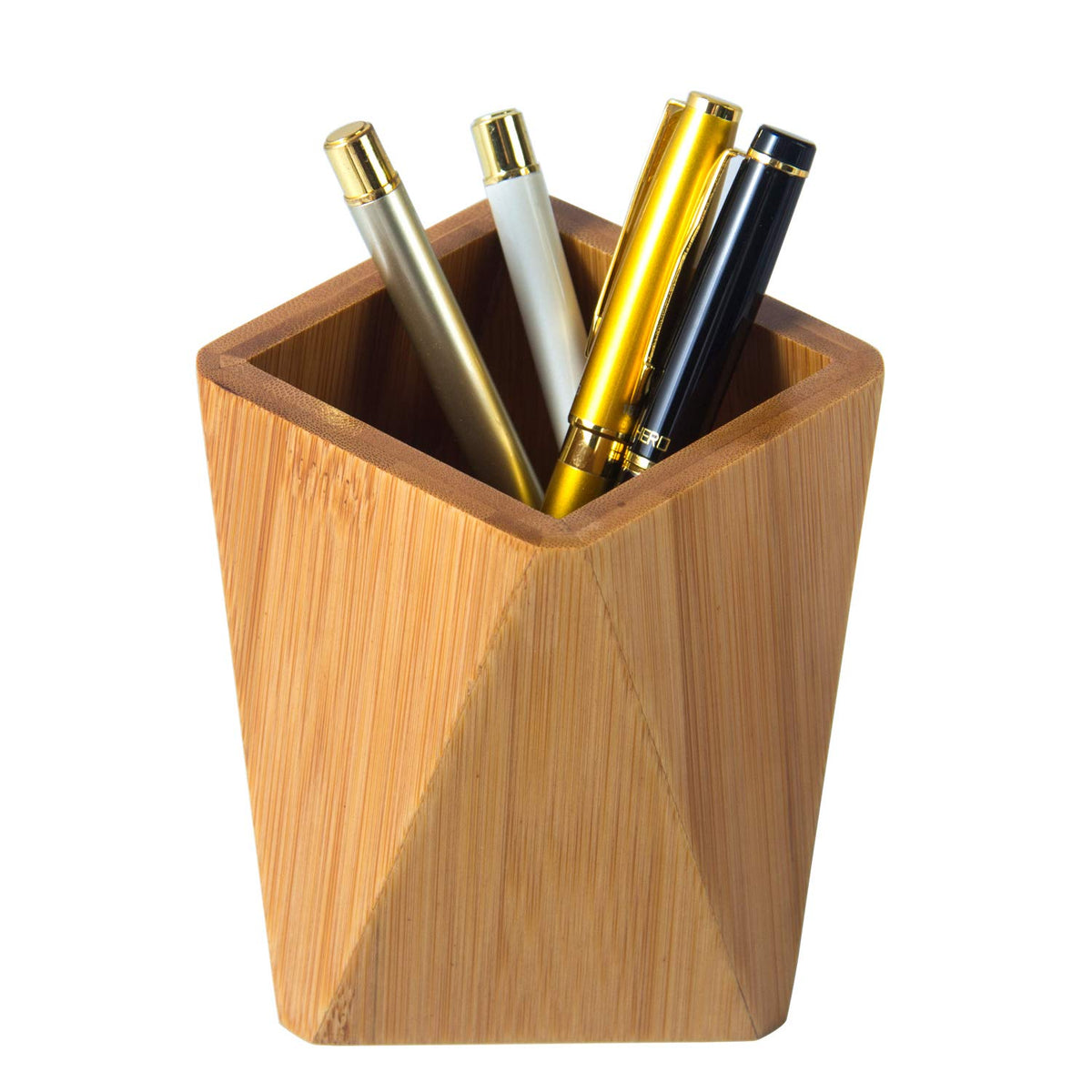 Yosco Bamboo Wood Pen Holder Stand For Desk Geometric Pencil Cup Pot Cute Desktop Office Supplies, Makeup Brushes Organizer (Bam