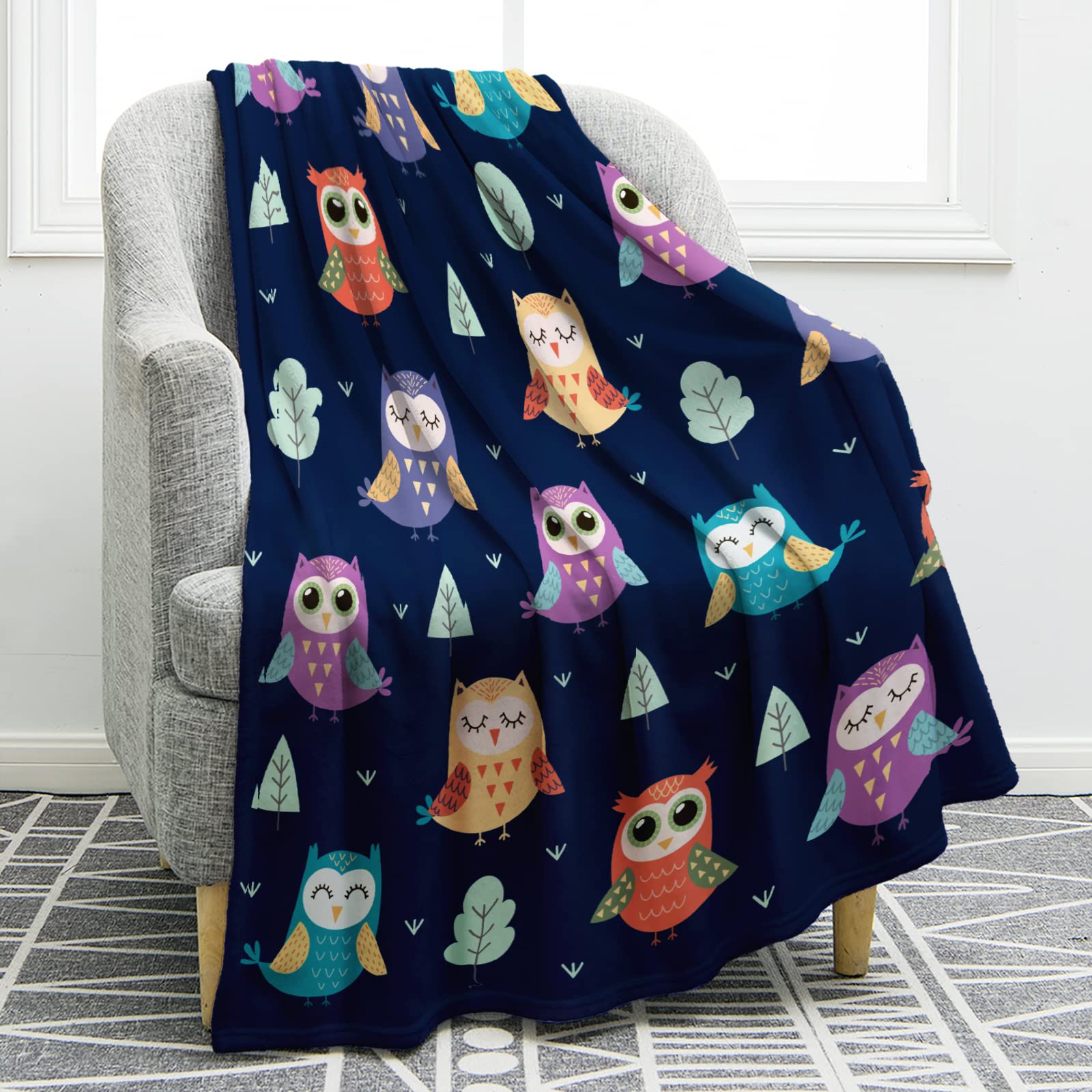 Jekeno Owl Blanket Gifts For Women Kids Girls Home Bedroom Living Room Decor Soft Cozy Lightweight Throw Blankets Navy Blue 60'