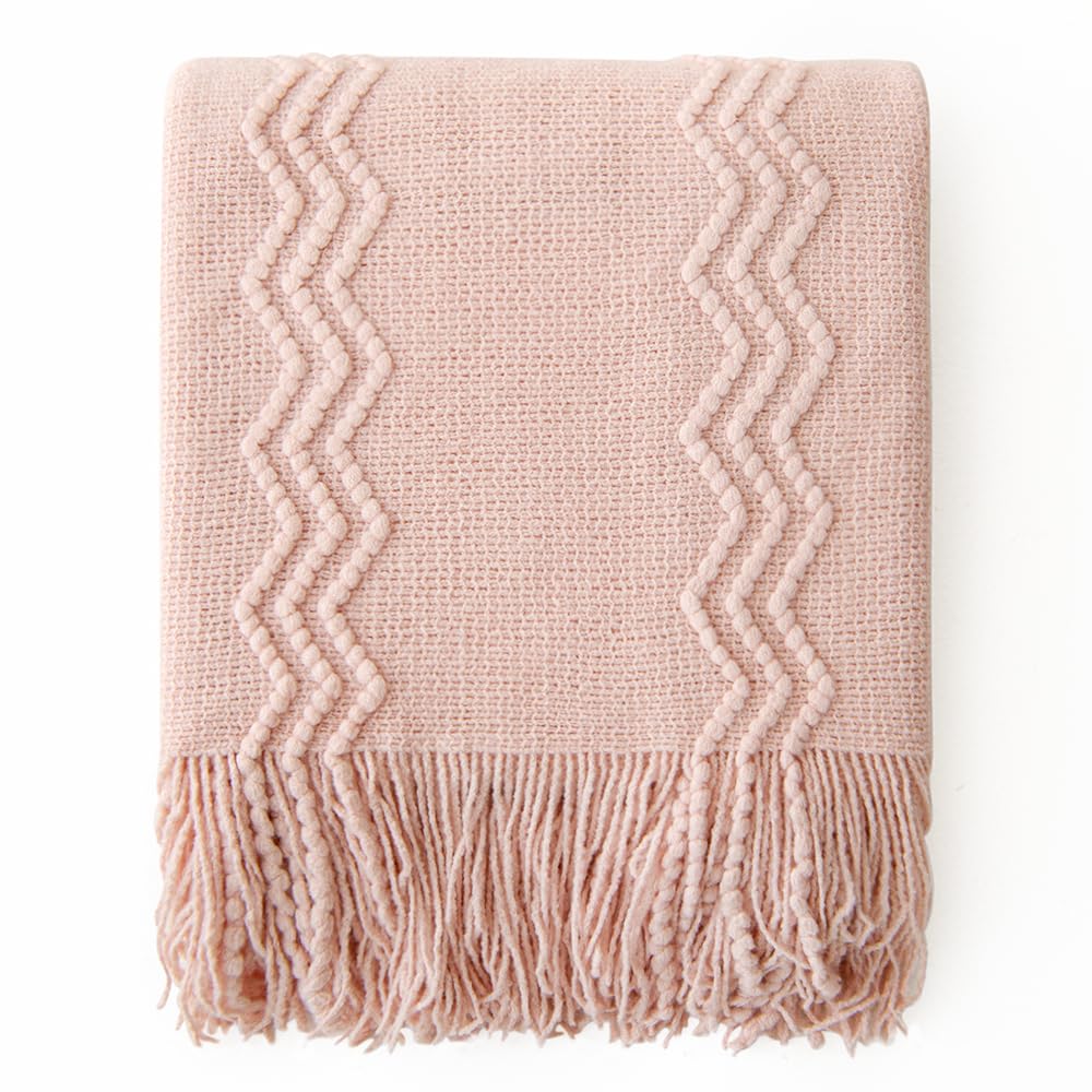 Miulee Light Pink Knitted Throw Blanket For Couch Boho Textured Cozy Woven Blanket With Tassels For Sofa Chair Bed Living Room Acrylic Wave Pattern 50'X60' Valentines Day Decor