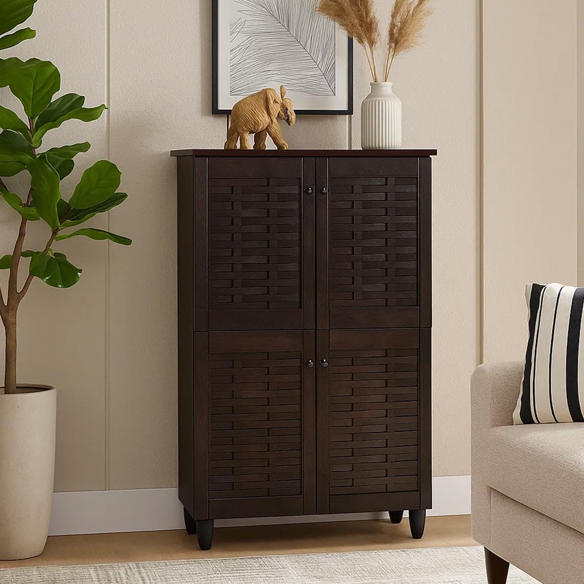 Nilkamal Kaira 4 Door Shoe Rack | Freestanding Wooden Shoe Rack | Closed Storage Organizer For Entryway, Hallway| Wenge