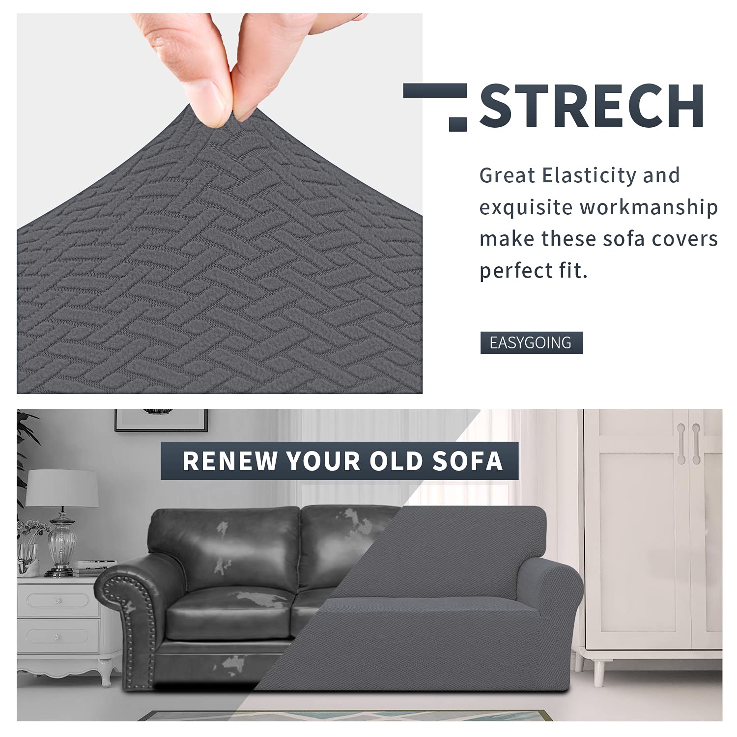 Easy-Going Stretch Jacquard Chair Couch Cover, 1-Piece Soft Sofa Cover, Sofa Slipcover With Anti-Slip Foams, Washable Furniture Protector For Kids, Pets ( Chair, Gray)