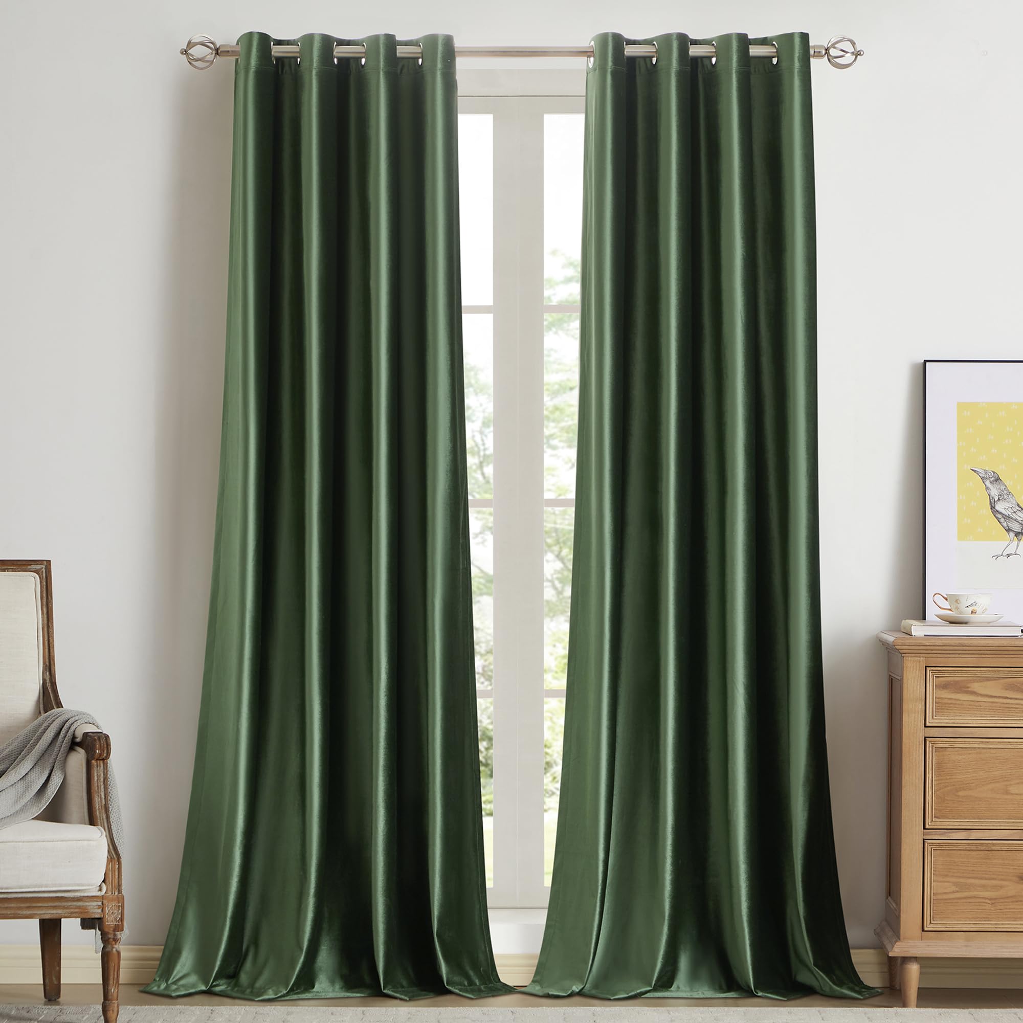 Bulbul Velvet Emerald Olive Green Curtains 96 Inch Length- Living Room Blackout Thermal Window Drapes Darkening Decor Grommet Cu
