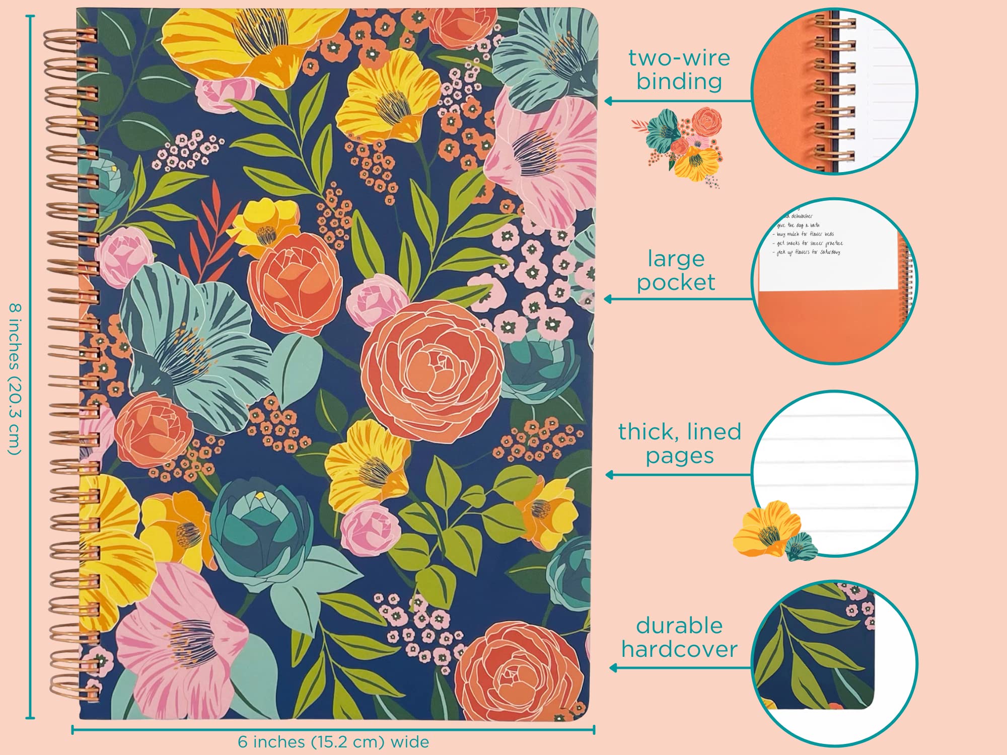 Steel Mill & Co Cute Floral Mini Spiral Notebook, 8.25' X 6.25' Journal With Durable Hardcover And 160 Lined Pages, Garden Blo