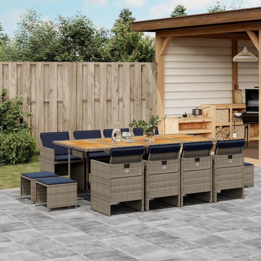 vidaXL Patio Dining Set 13 Piece with Cushions Gray Poly Rattan Acacia Table for Garden Patio Backyard