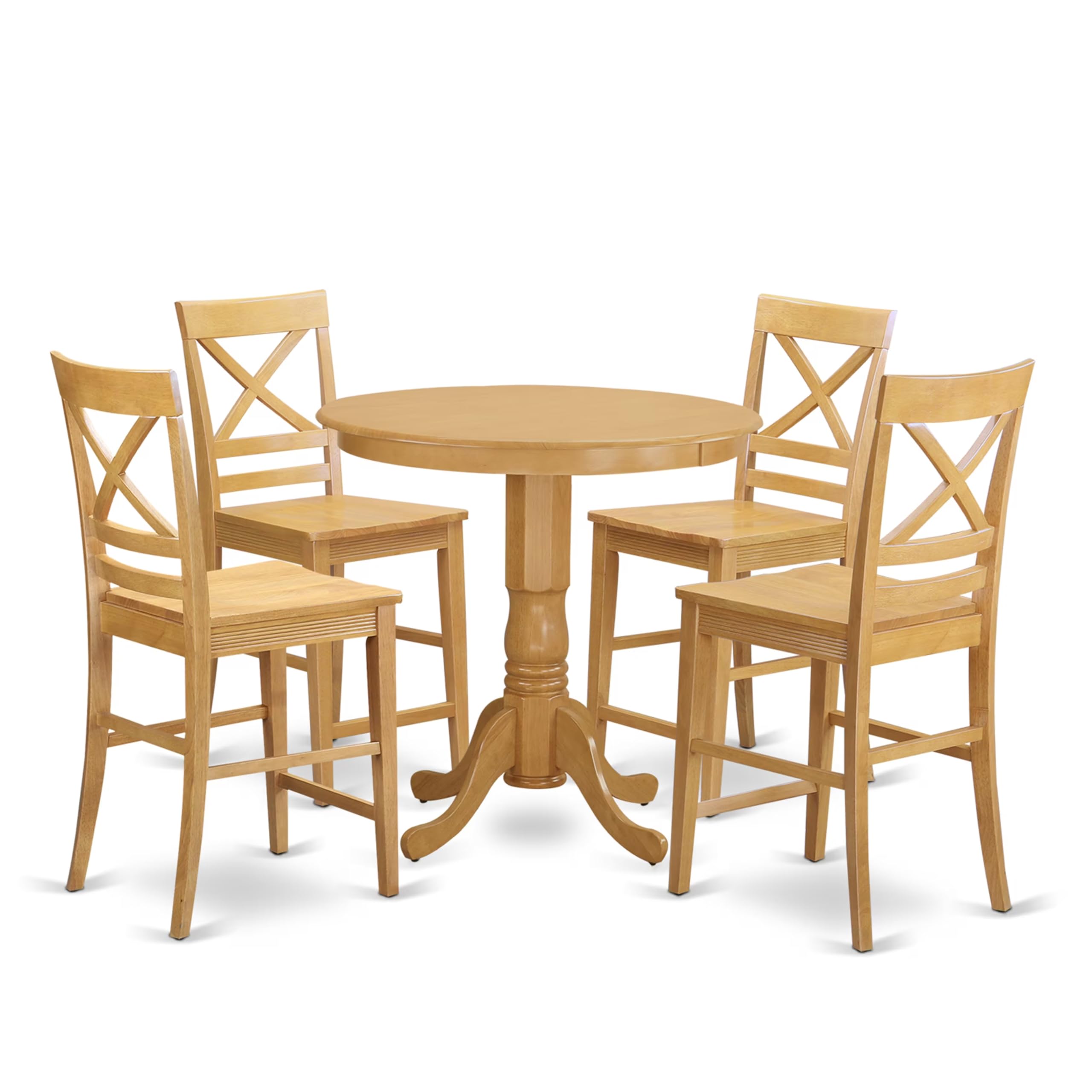 East West Furniture JAQU5-OAK-W 5 Piece Counter Height Dining Table Set Includes a Round Wooden Table with Pedestal and 4 Kitchen Dining Chairs, 36x36 Inch, Oak