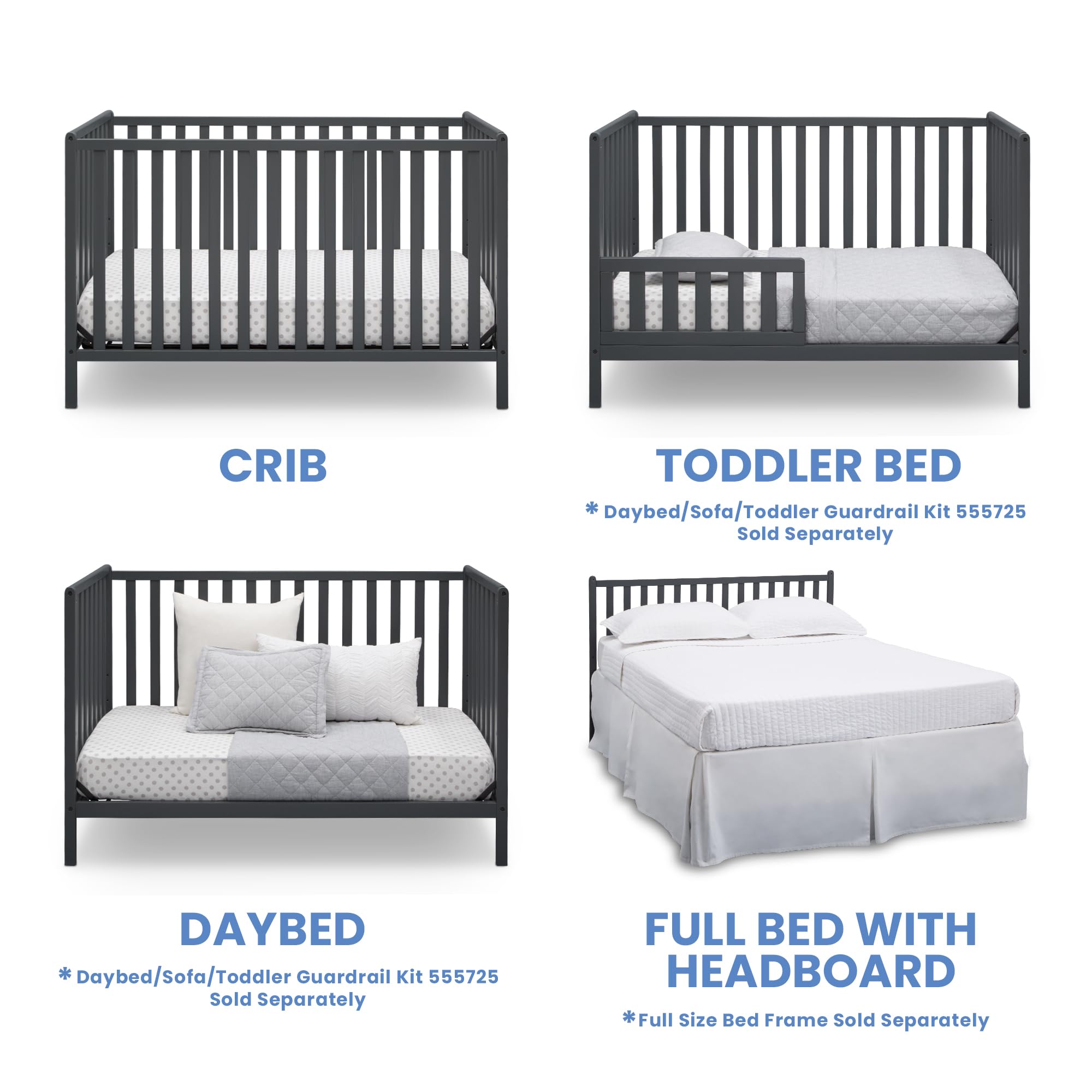 Delta Children Heartland 4-In-1 Convertible Crib - Greenguard Gold Certified, Charcoal Grey