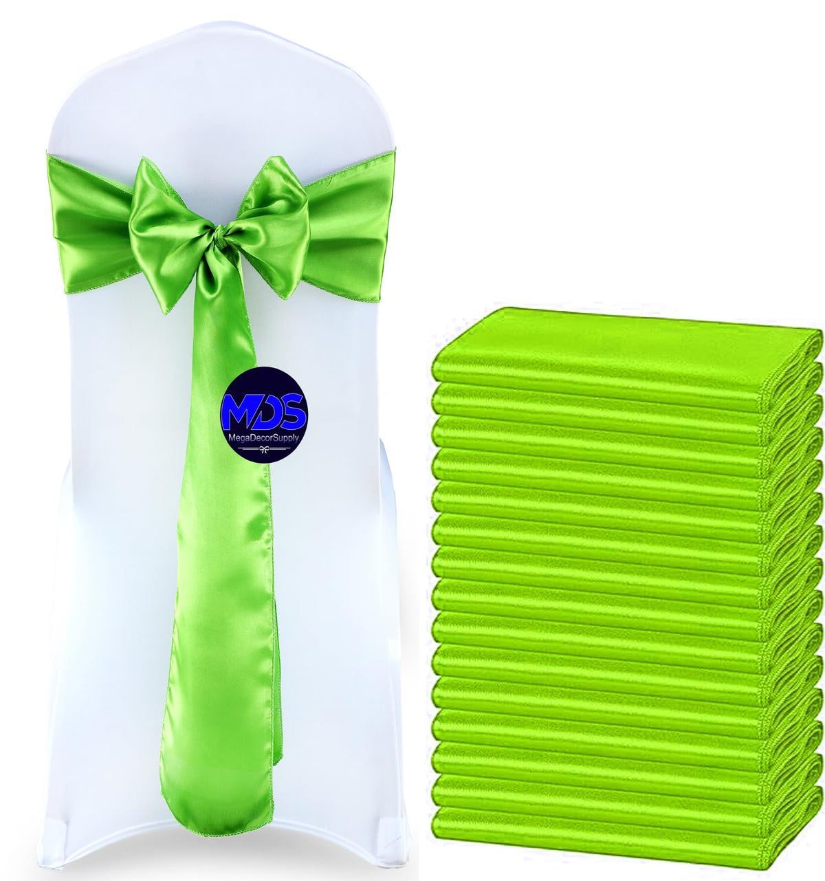 Mds Pack Of 50 Pcs Satin Chair Sashes Charmeuse Sateen Dining Chair Bows Ribbon Ties Back Sash For Wedding Party Birthday Home Hotel Restaurant Banquet Decoration (7 X 108 Inch, Parrot Green)