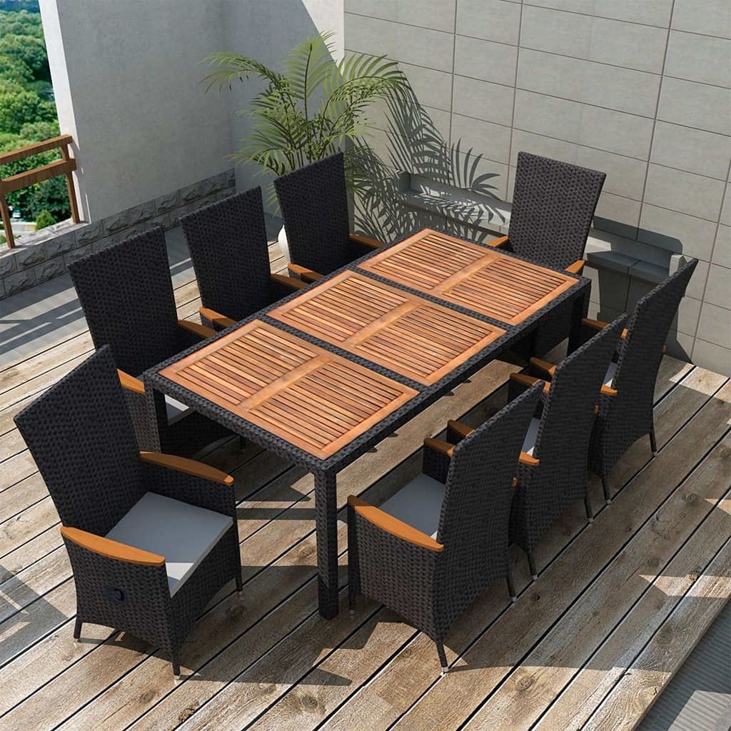 vidaXL 9 Piece Patio Dining Set - Weather-Resistant PE Rattan, Acacia Wood Tabletop, Powder-Coated Steel Frame - Adjustable Reclining Chairs - Black and Cream White