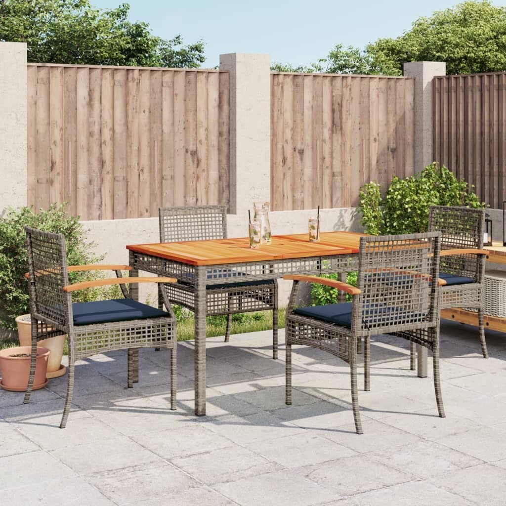 vidaXL Patio Dining Set with Cushions / 5 Piece Outdoor Furniture - Gray Poly Rattan with Acacia Wood Tabletop for Garden, Backyard, Patio - Comfortable Chairs with Navy Blue Cushions
