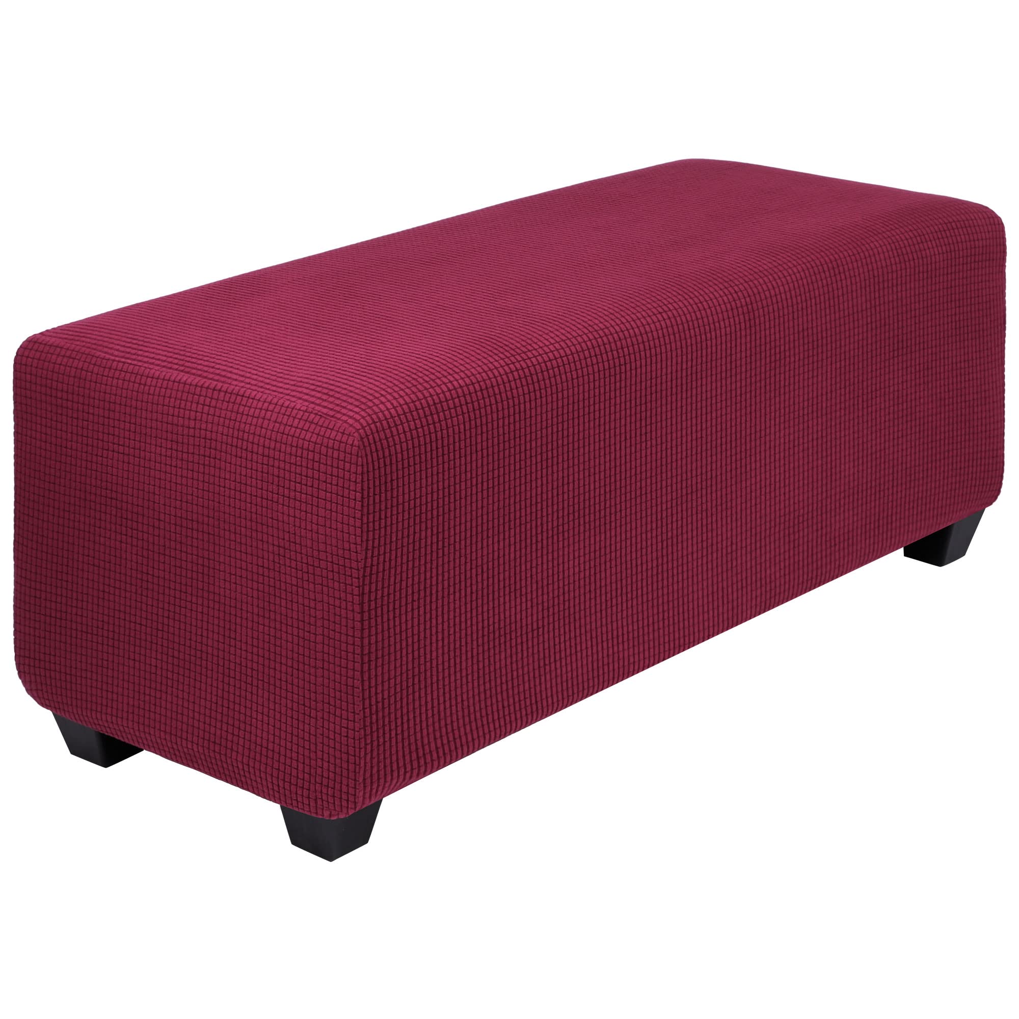 PiccoCasa High Stretch Ottoman Cover with Elastic Bottom, Soft Slipcover Jacquard Fabric Small Checks Rectangle Storage Stool Co