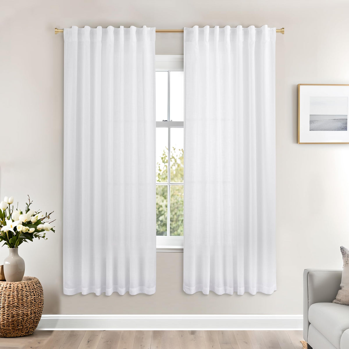 Pure White Curtains Panels 63 Inch Length For Back Tab Semi Sheer, Linen Textured Drapes Rod Pocket 2 Panels Set,White Boho Farm
