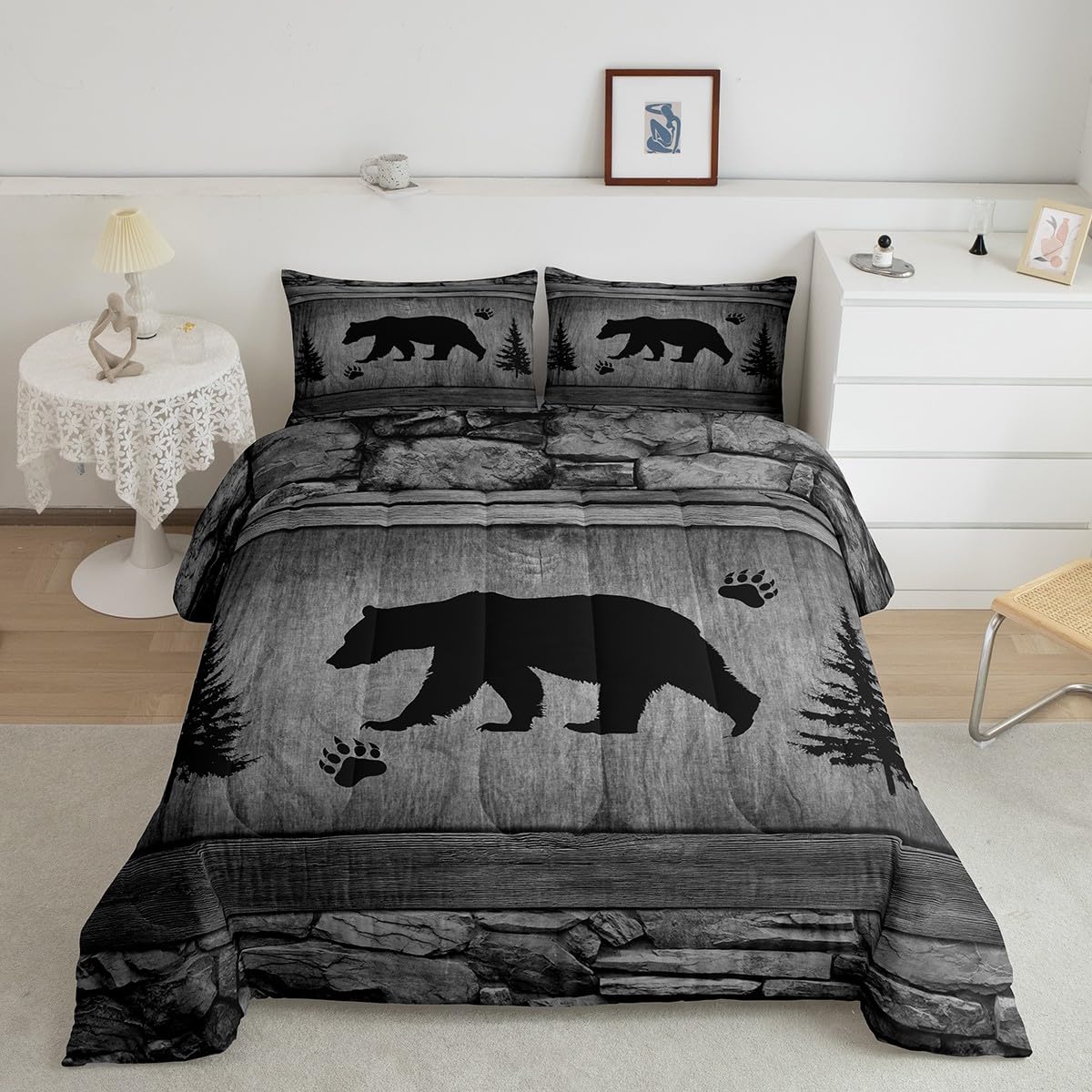 Manfei Rustic Bear Comforter Set Full Size, Black Trees Deer Paw Print Down Comforter With 2 Pillowcases, Grey Wooden Plank Bedd