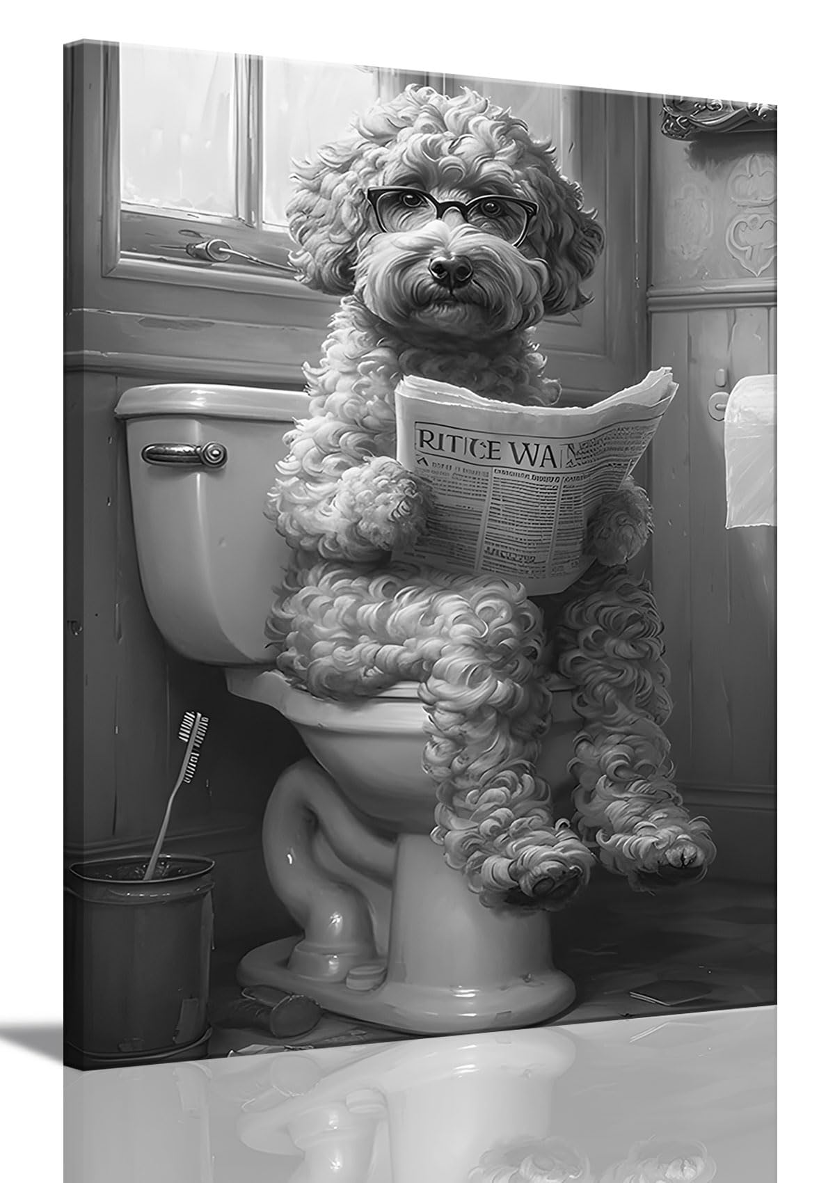 OIQArtOIQ Framed Bathroom Decor Wall Art Funny Teddy Dog Sitting On Toilet Canvas Painting Prints Black and White Humor Animal P