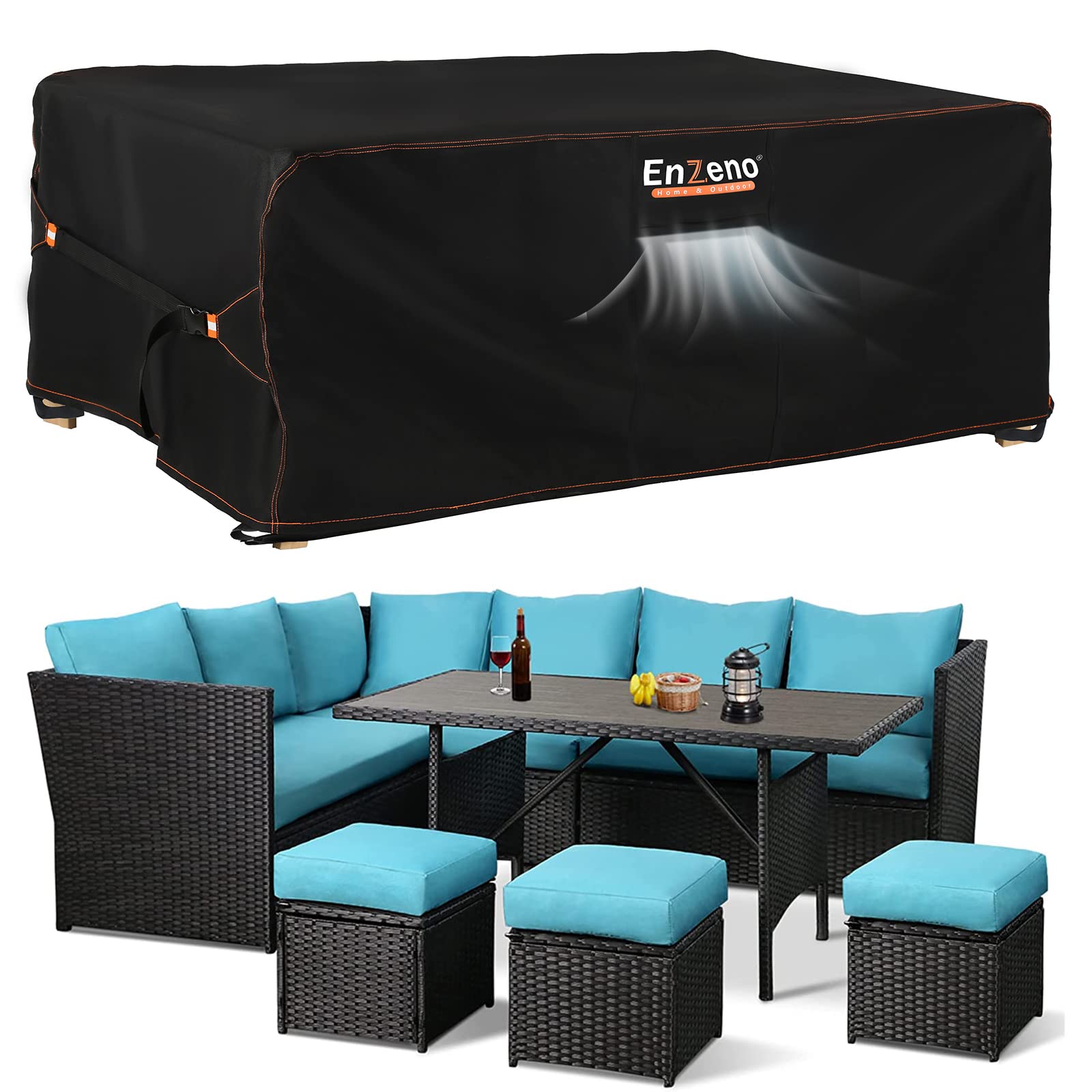 Enzeno Patio Furniture Set Cover, Outdoor Sectional Sofa Couch Set Covers Waterproof, Garden Dining Table Chair Set Cover Outside Rectangular Heavy Duty Weatherproof 98' L X 78' W X 28' H Black