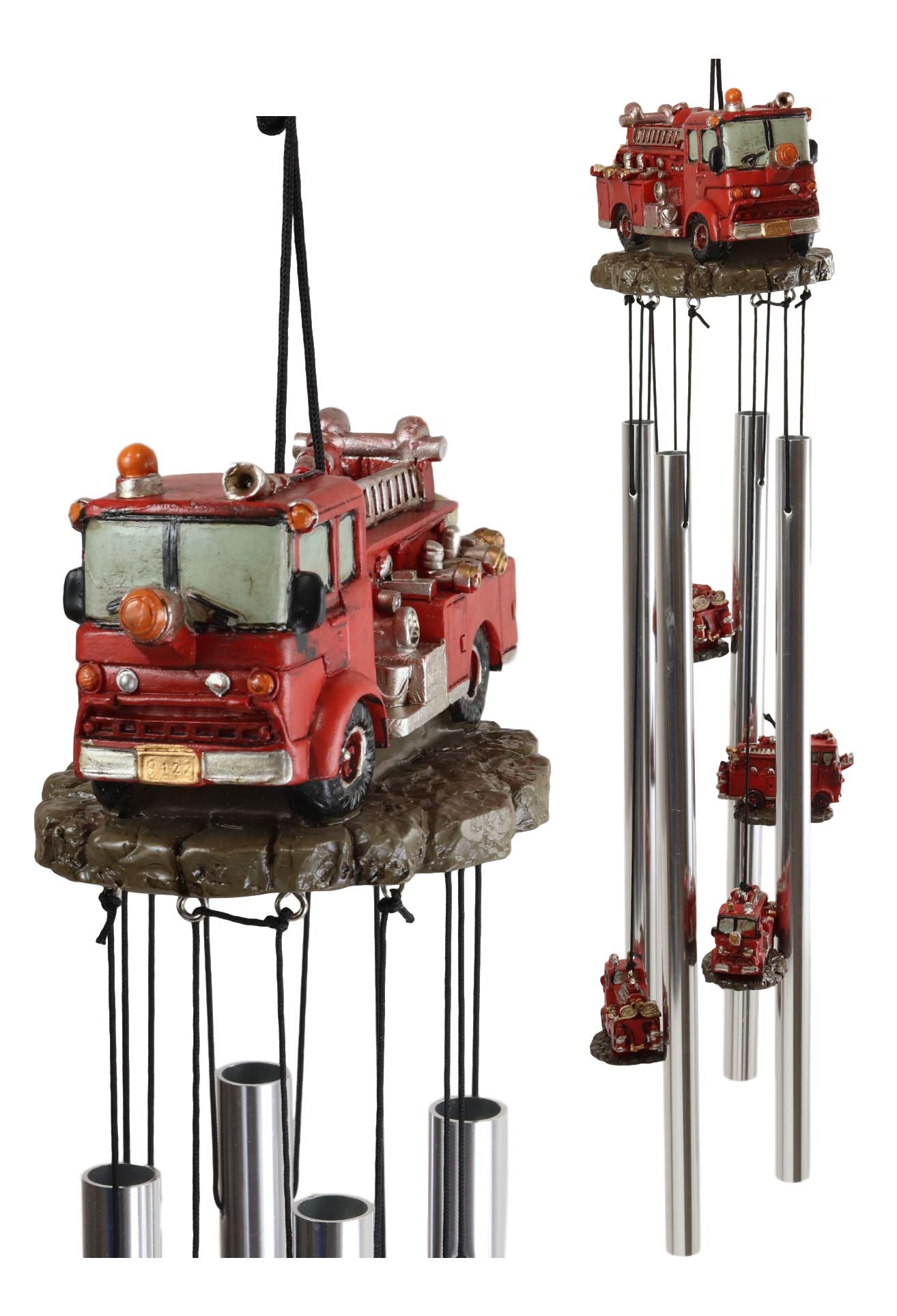 Ebros Gift Decorative Red Fire Engine Truck Model Resonant Relaxing Wind Chime Patio Garden Accent Of Fire Fighters Hydrants 911