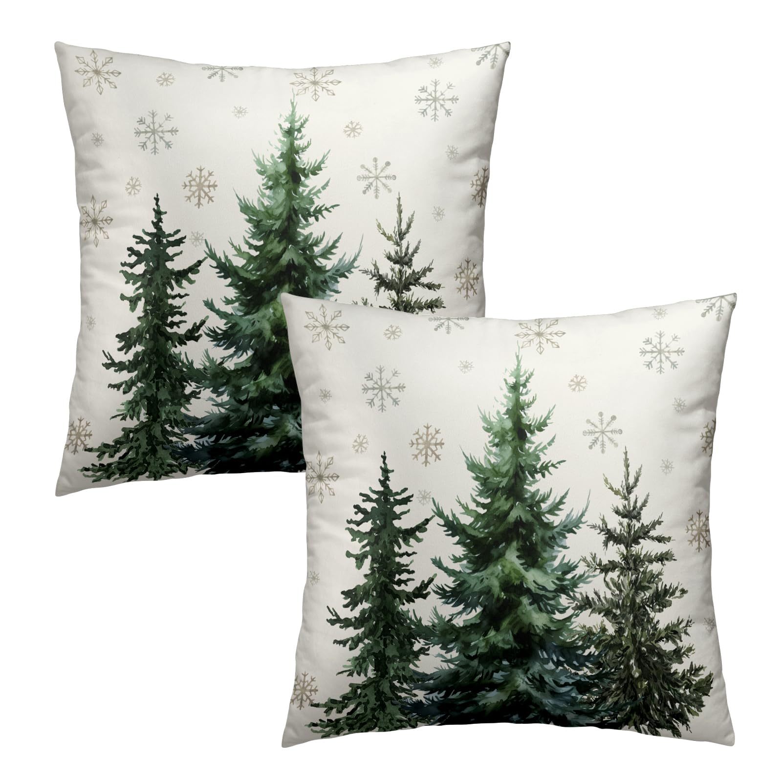 Christmas Trees Throw Pillow Cover 18X18 Inch Pack Of 2 Snowflake Forest Print Cushion Pillow Case Square Cotton Green Tree Wint