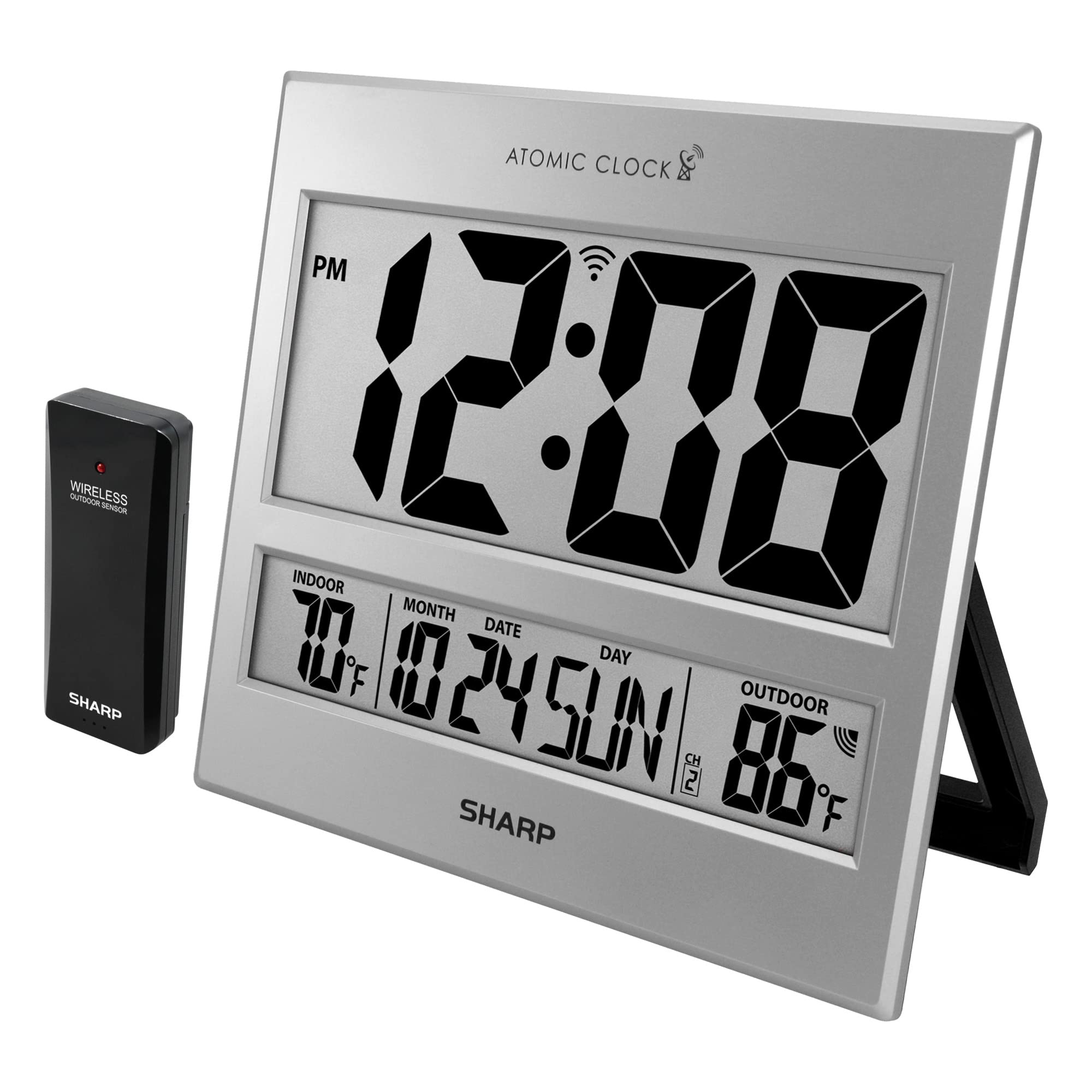 Sharp Atomic Clock - Atomic Accuracy - Never Needs Setting! -Silver Tech Style - Jumbo 3 Easy to Read Numbers - Indoor/Outdoor T