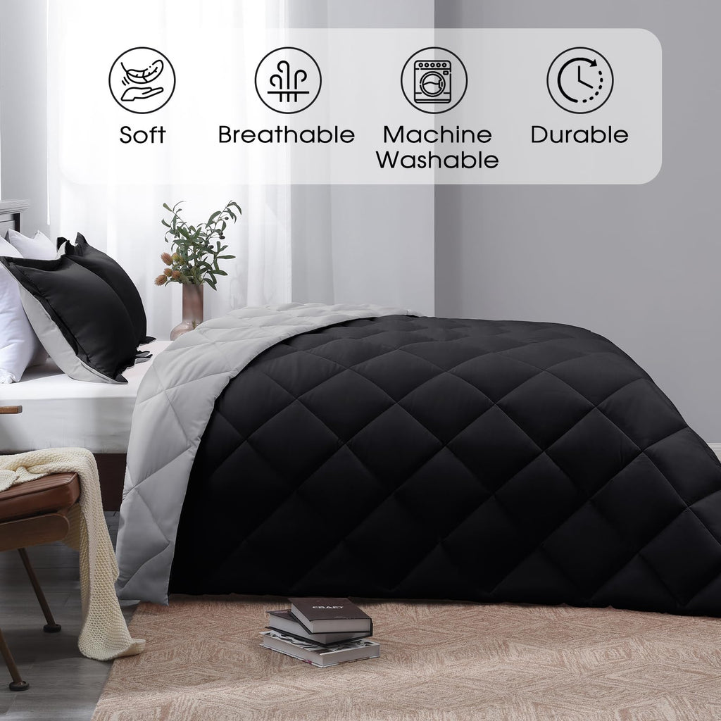Basic Beyond Full Size Comforter Set - Black And Grey Comforter Set Full, Reversible Comforter Full Size Set, 1 Comforter (82'X92') And 2 Pillow Shams (20'X26'+2')