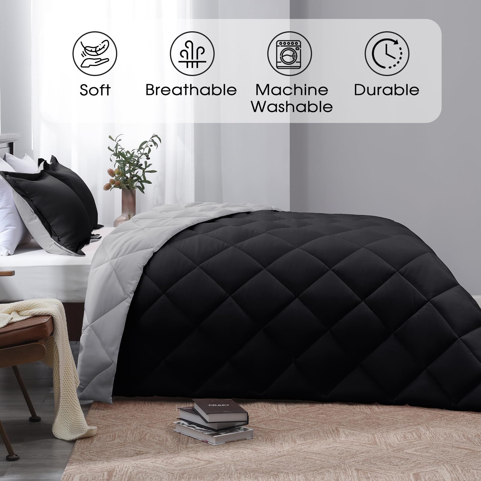 Basic Beyond Full Size Comforter Set - Black And Grey Comforter Set Full, Reversible Comforter Full Size Set, 1 Comforter (82'X92') And 2 Pillow Shams (20'X26'+2')