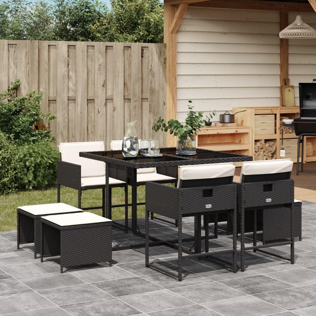 vidaXL 9 Piece Patio Dining Set with Cushions - Black Poly Rattan, Glass Top Table, Foldable Chairs, Stools for Garden, Patio, Backyard