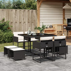 vidaXL 9 Piece Patio Dining Set with Cushions - Black Poly Rattan, Glass Top Table, Foldable Chairs, Stools for Garden, Patio, Backyard