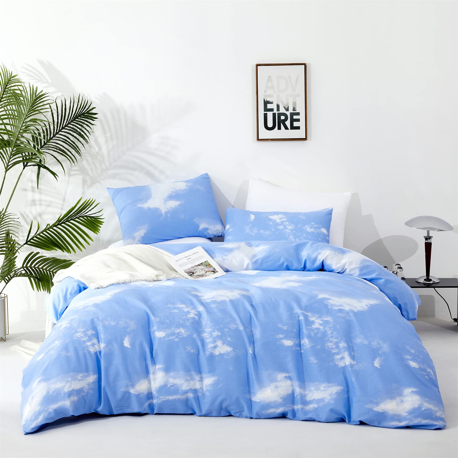 Karever Cotton Blue Cloud Comforter Set King Size Sky Blue Comforter Cotton 3 Pieces Soft Light Blue King Comforter Bedding Set