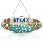 Hanging Beach Sign D  cor, Starfish Wall D  cor, Beach Plaque for Door with Sea Horse and Scallop, 12 x 4 Inch