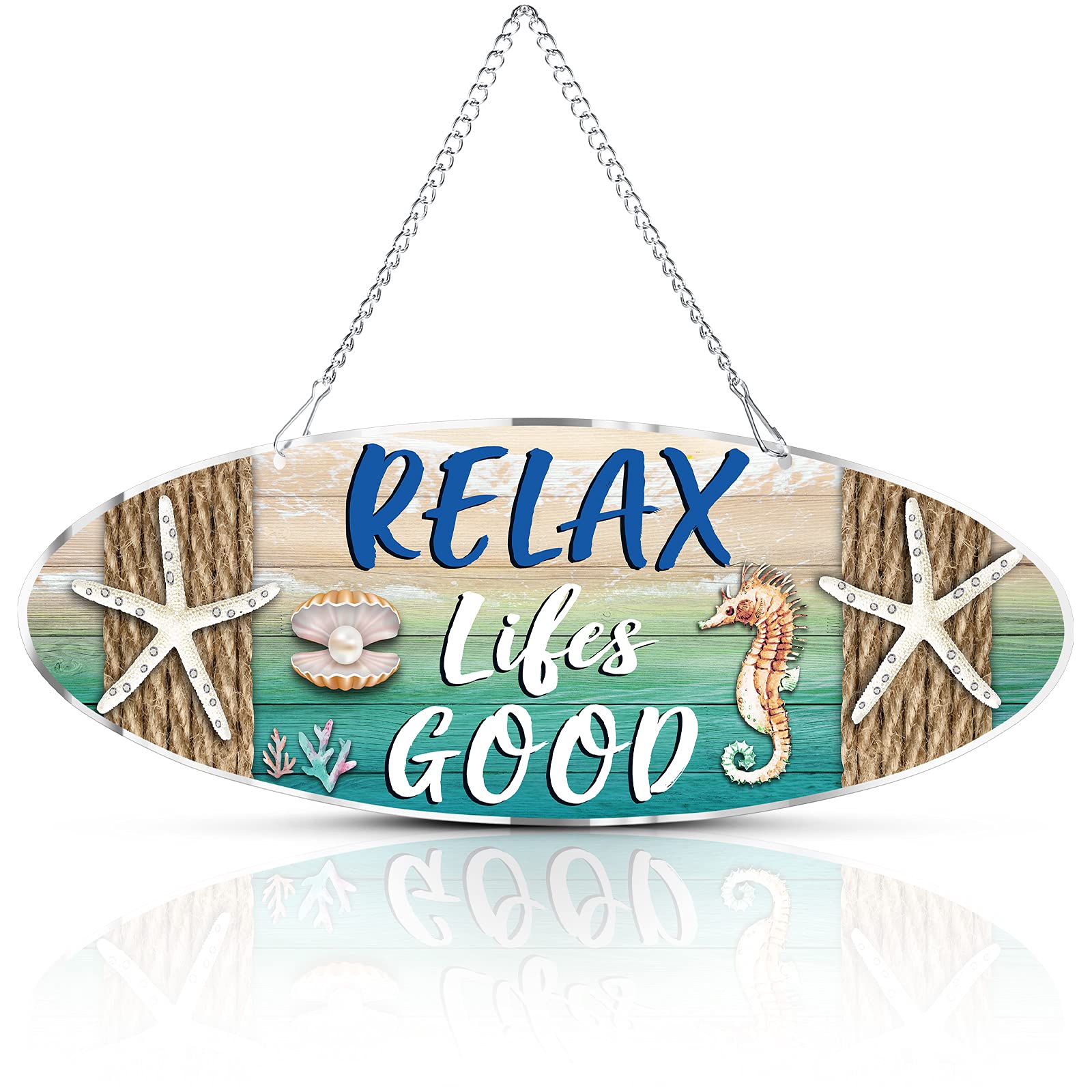 Hanging Beach Sign D  cor, Starfish Wall D  cor, Beach Plaque for Door with Sea Horse and Scallop, 12 x 4 Inch