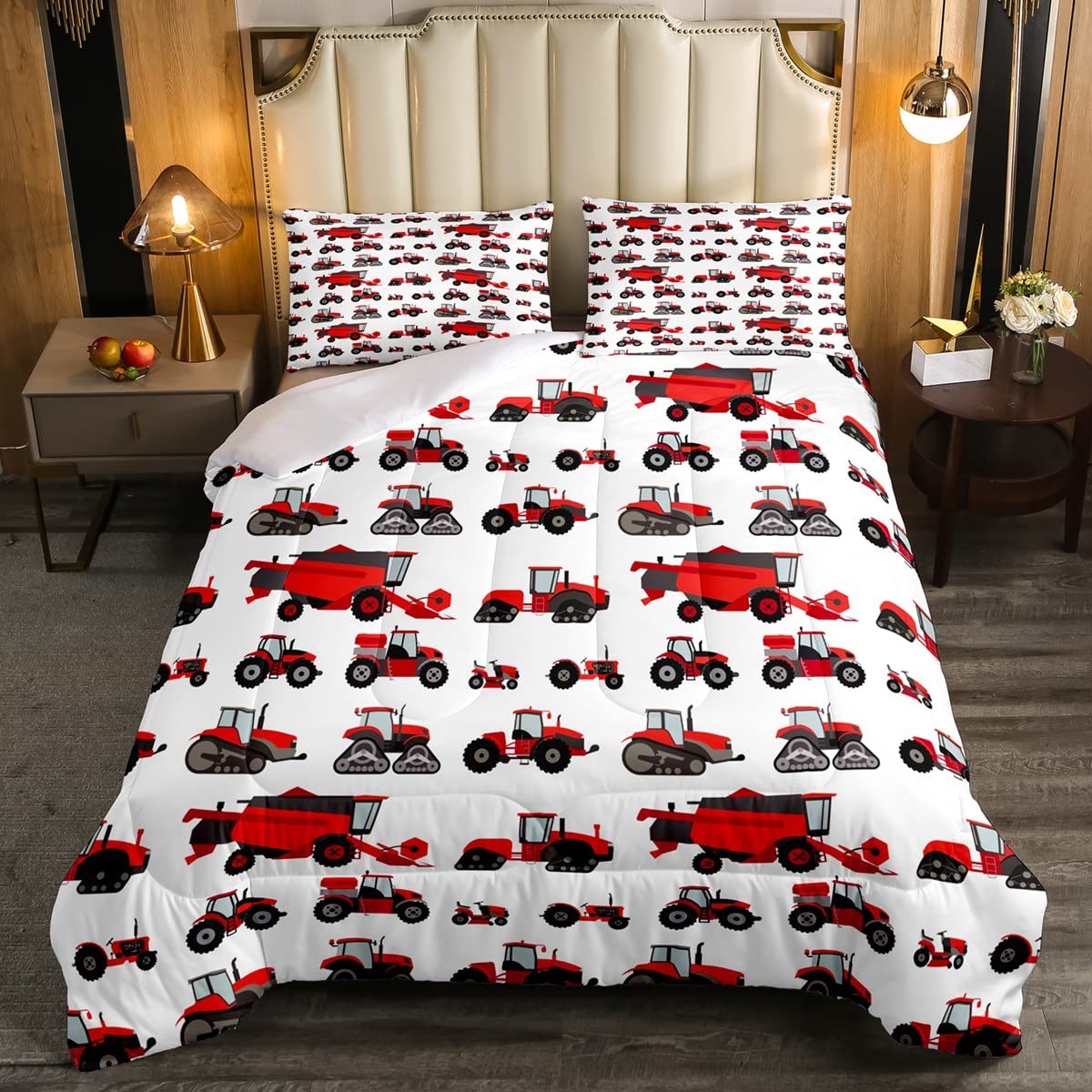 Erosebridal Red Tractor Comforter Set Twin Size Heavy Equipment Truck Down Comforter Kids Boys Girls Teens Harvester Tractor Bed