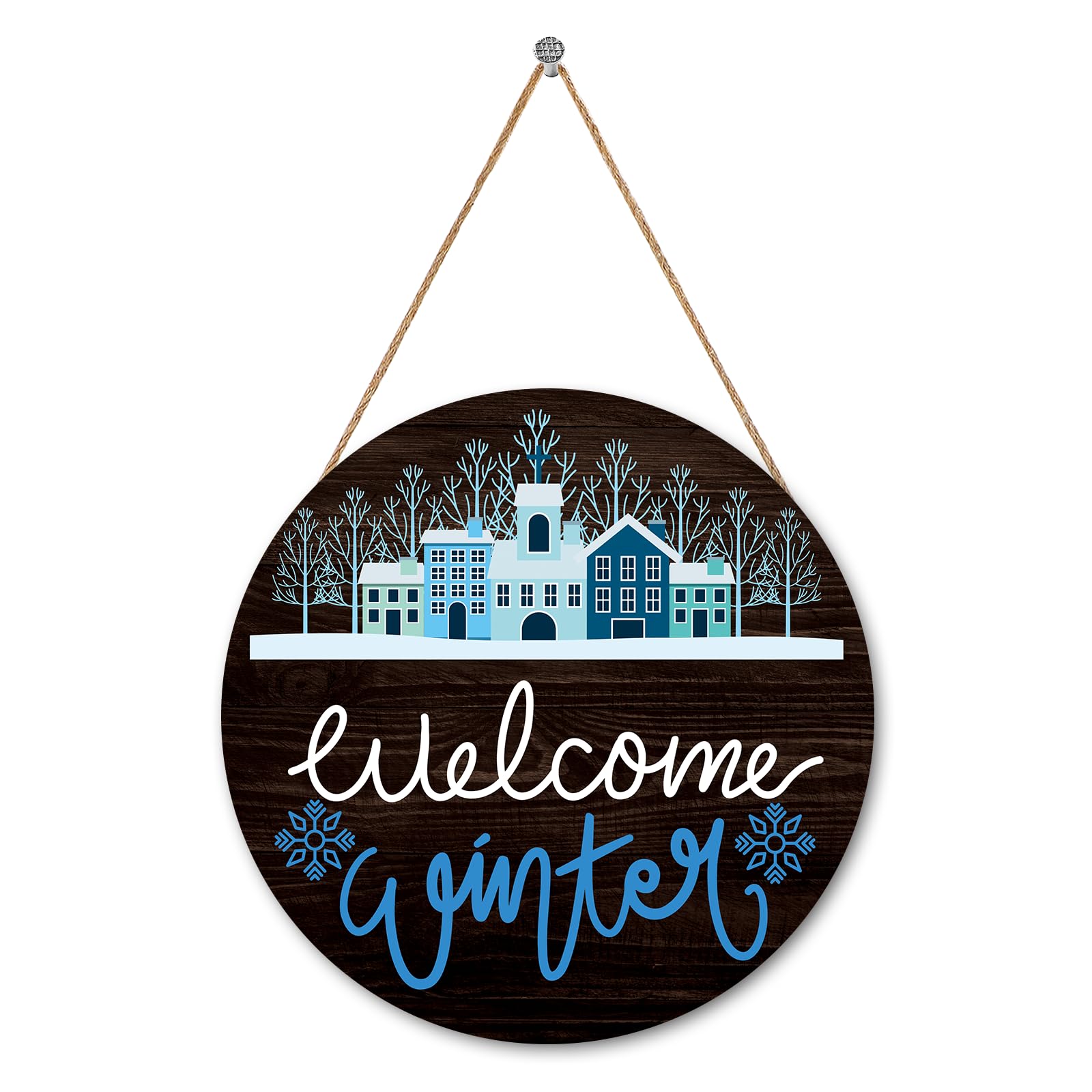 Hinnovy Welcome Winter D  cor Sign - 11.8x11.8 Inch Round Rustic Wooden Winter Wall Hanging, Winter Decorations for Home, Office
