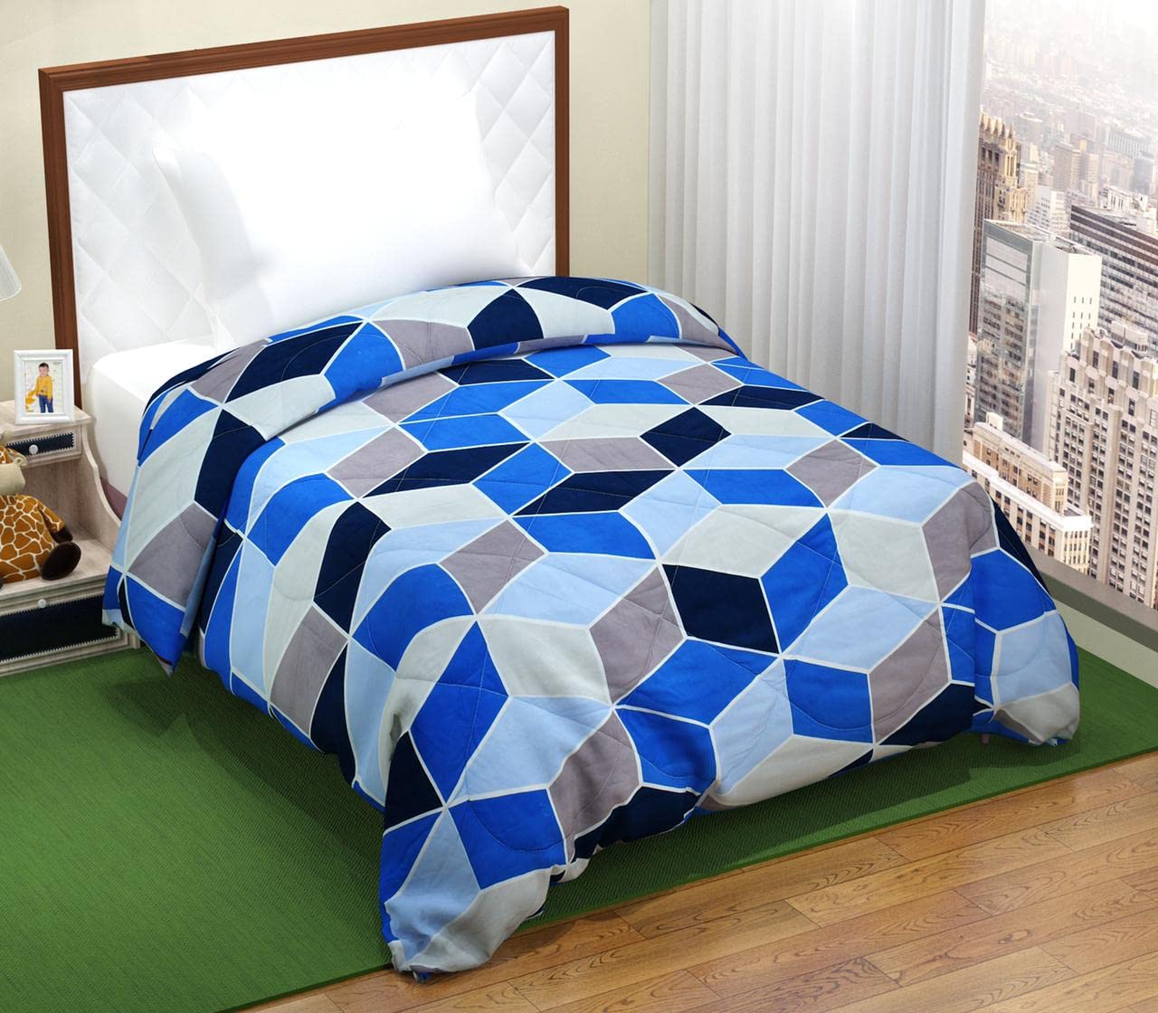 Sky Tex Blue Color 3D Prints Hexagons Printed 280 Tc Glace Cotton Single Bed Ac Reversible Comforter