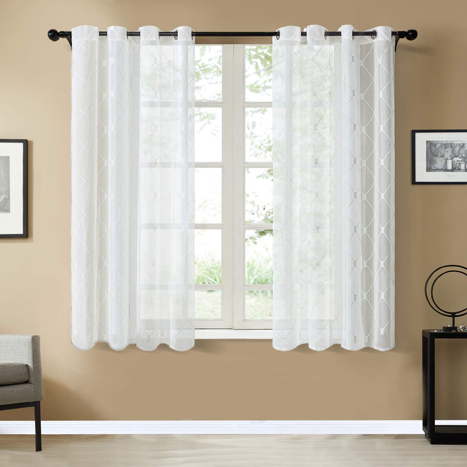 Top Finel White Short Sheer Curtains 45 Inch Length White Embroidered Diamond Grommet Window Curtains For Living Room Bedroom, 2