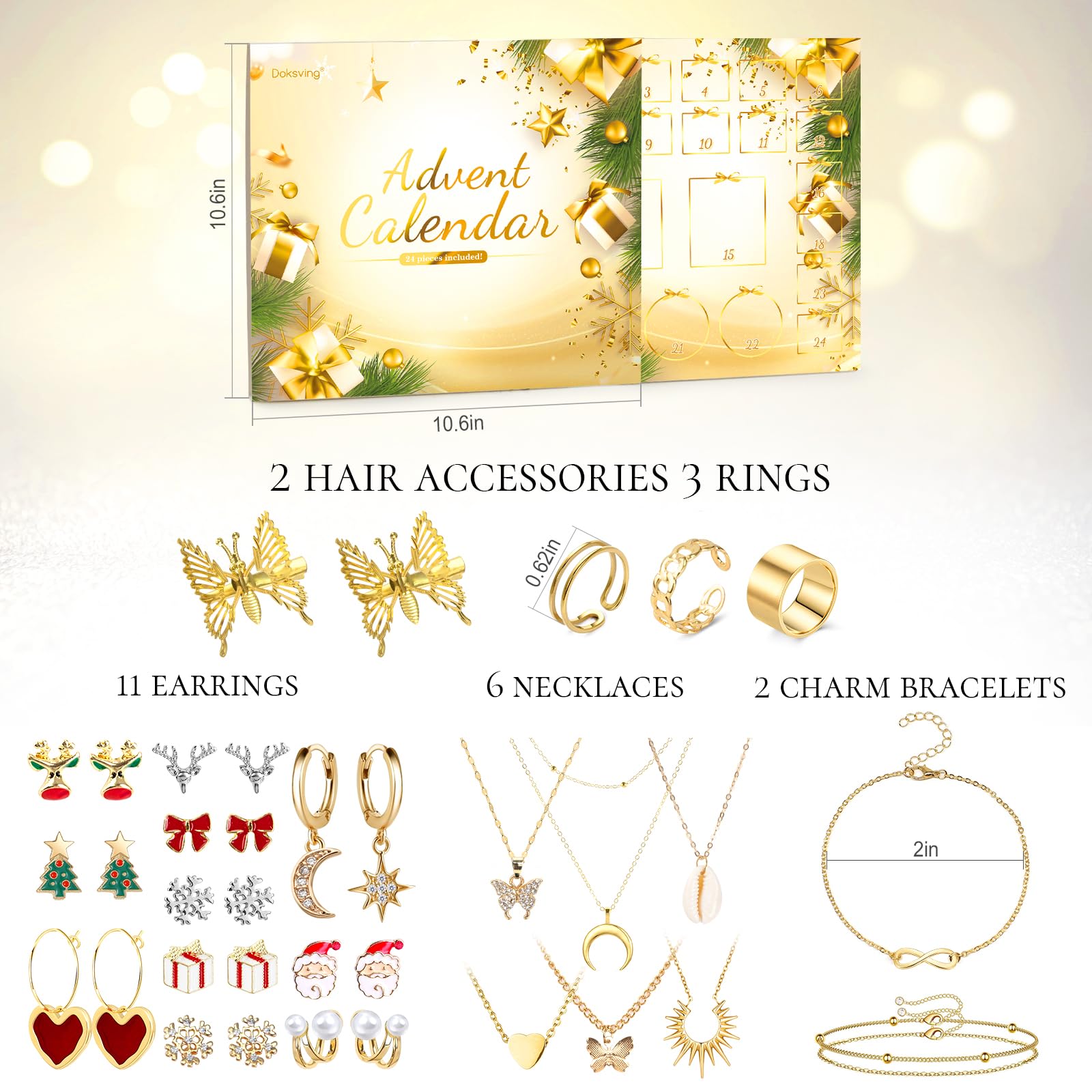 Advent Calendar 2024, Jewelry Set 24 Days Countdown Calendar For Adult Women Christmas, Fashion Bracelet Necklace Rings Earring,