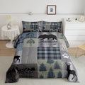 Hunting Camping Comforter Set Full,Grey Green Geometric Plaid Patchwork Quilt Set 3Pcs For Kids Boys Men Outdoor Rv Decor,Pine B